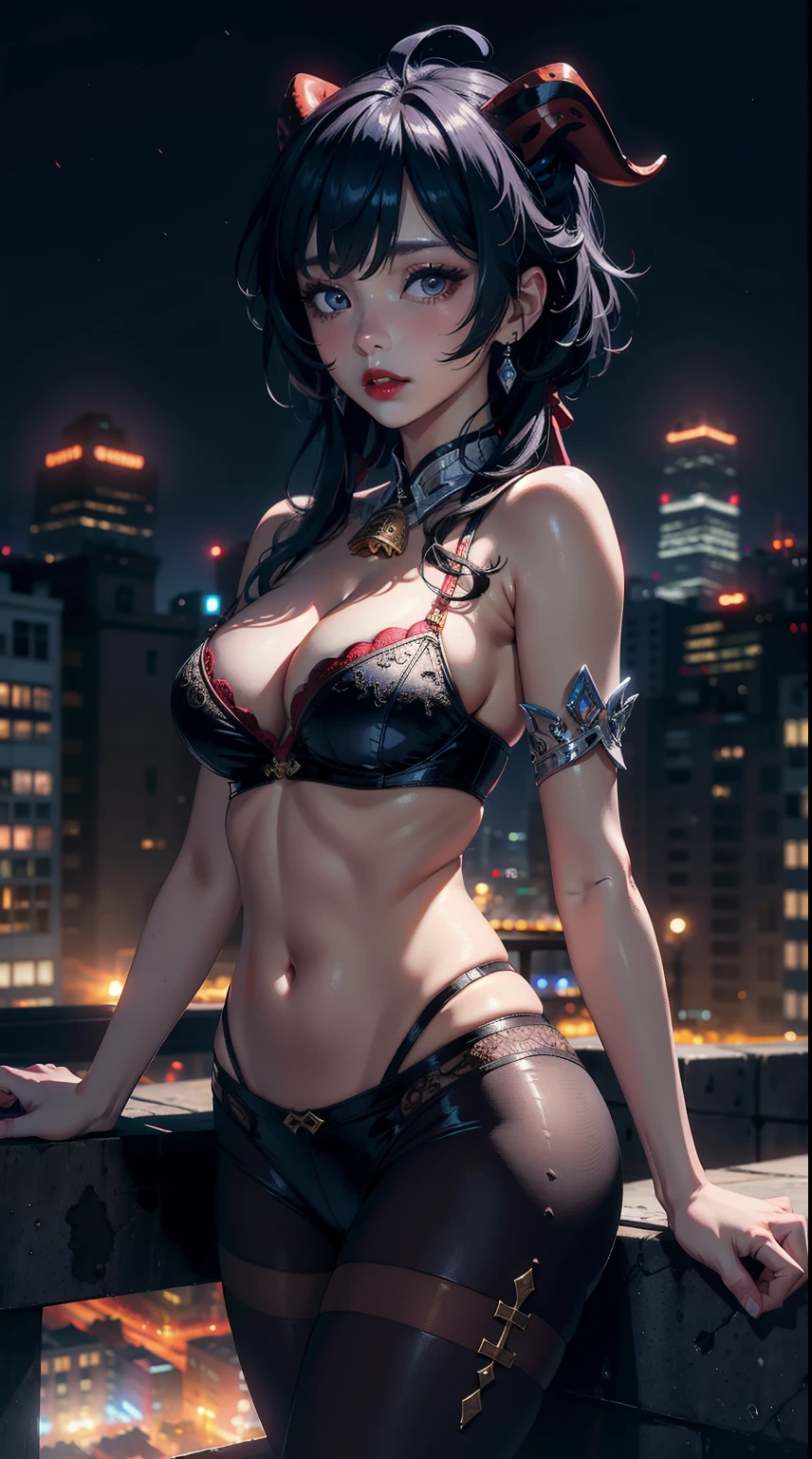 ((masterpiece)),(bestquality),((ultra-detailed)), ((beautiful detailed sky)), ((cinematic lighting)), depth of field, (dynamic angle),detailed lighting,(beautiful detailed eyes), ((night city view)),red lip, eyeshadow,large breast, cleavage, ganyudef