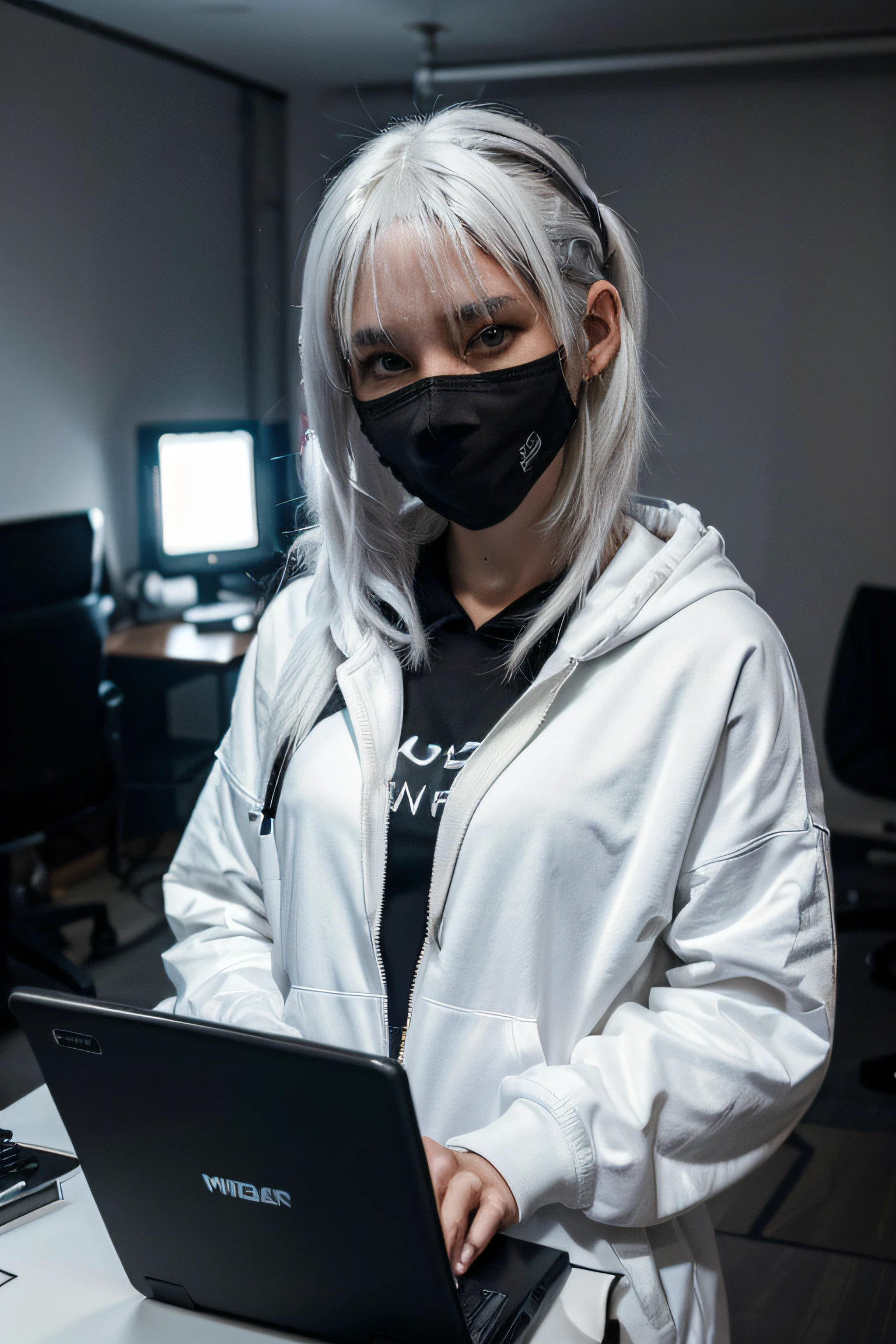 cyber girl, white hair, face mask, black hoodie, laptop, computer table, dimly lit bedroom, masterpiece, 8k, super detail, accurate, best quality