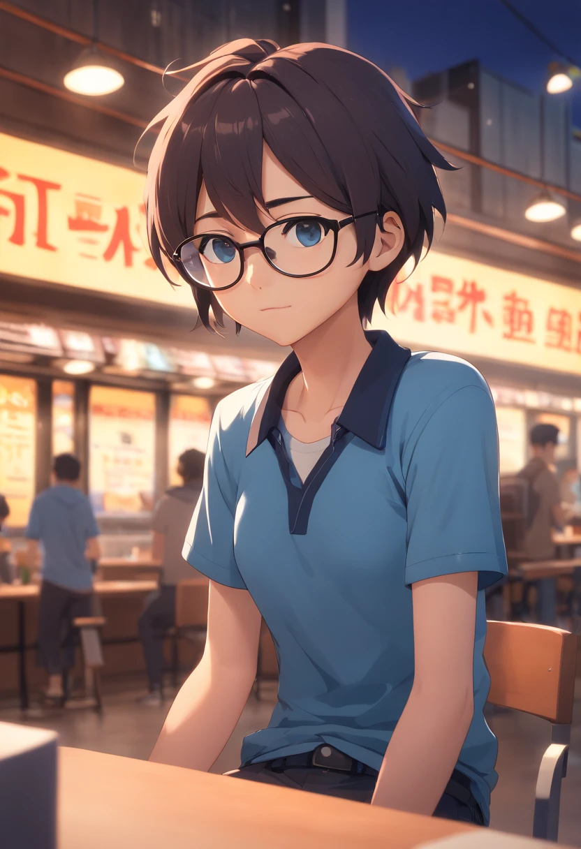 Male cartoon character wearing black glasses and blue shirt, Animated characters, Stylized characters, animation style render, Stylized 3D, Arnold Maya Lender, 3d rendering stylized, toon render keyshot, 3dcharacter, 3dcharacter, 3D rendering stylized, 3 d character render, comic book character, close up character, Character Pose, (pixer style) (Master Parts:1.2) (Bokeh) (Best Quality) (detailedskin) (detailed texture) (8K) (clay) (Cinematic lighting) (foco nítido,Sit down and hollow out your upper body