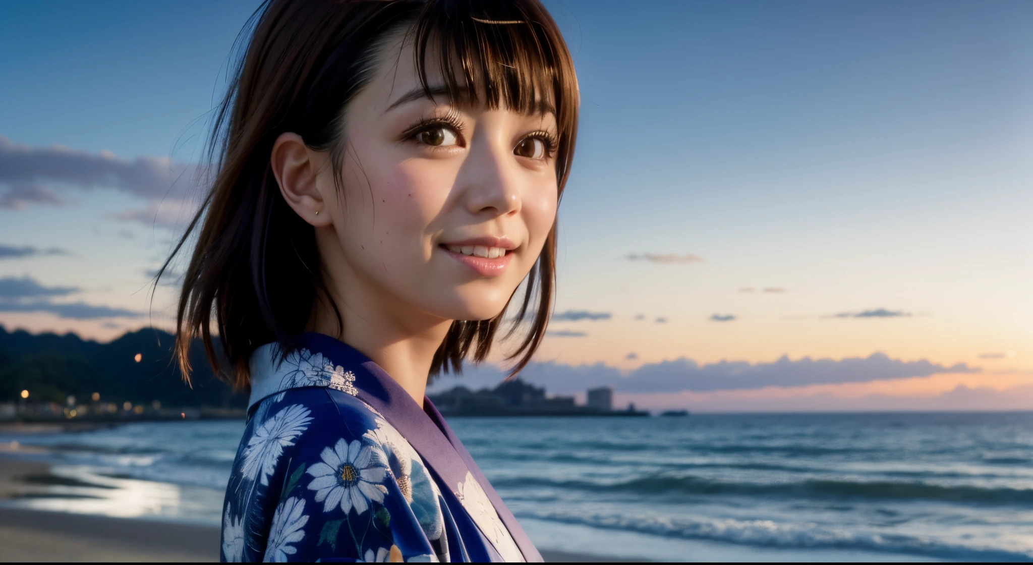 (((sfw))), masterpiece, high quality, highly detailed, (beautiful detailed face, detailed backgroung), full scenic shot), 1girl, kisaki onodera, kimono, smiling, looking at viewer, body facing viewer, standing at a beach, beautiful starry sky, milky way, natural lighting, smooth shadow, fixed eyes, detailed eyes