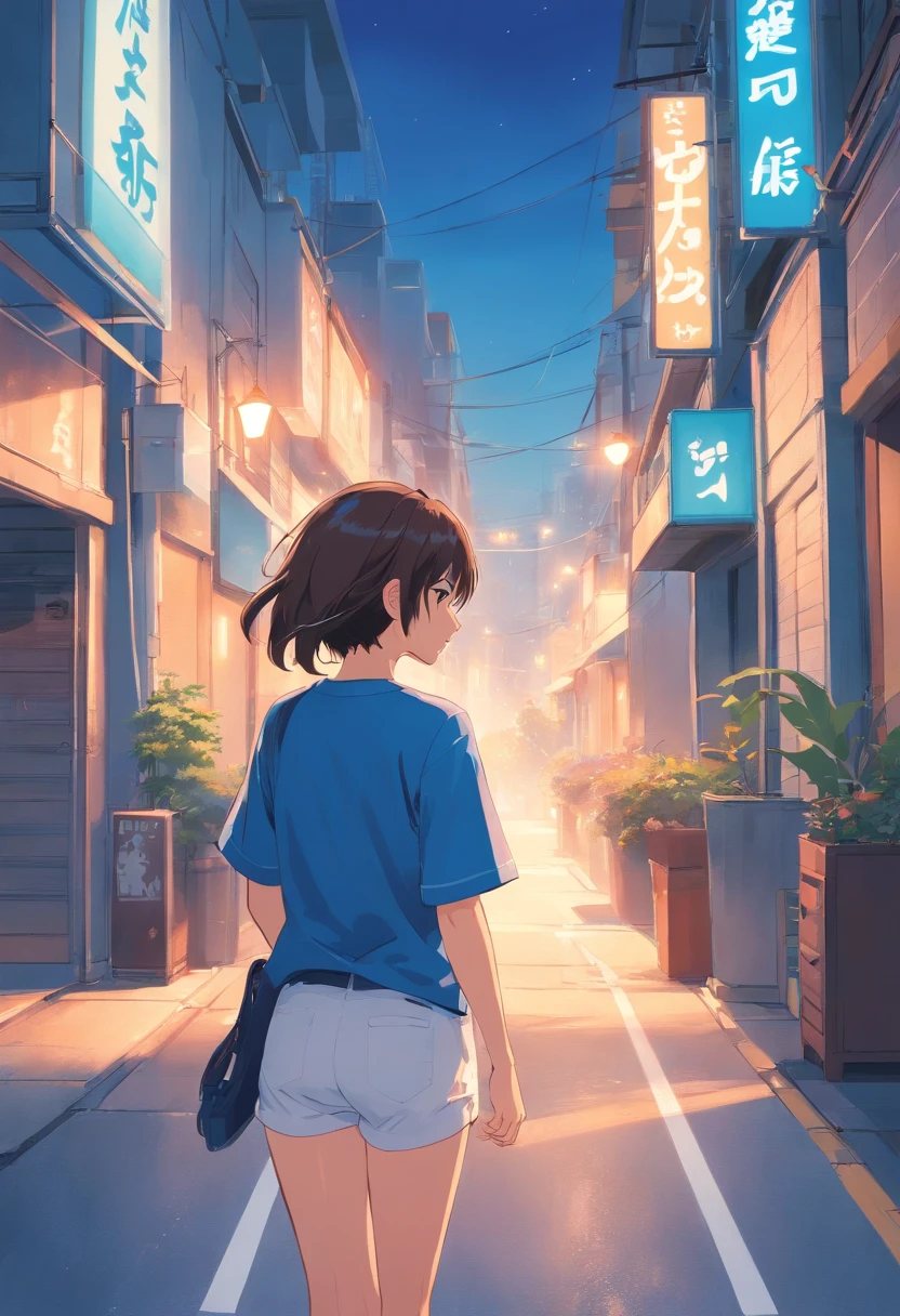 Girl's head turned to the right, back view, whole body top view, blue T-shirt, light white pants, blue sneakers