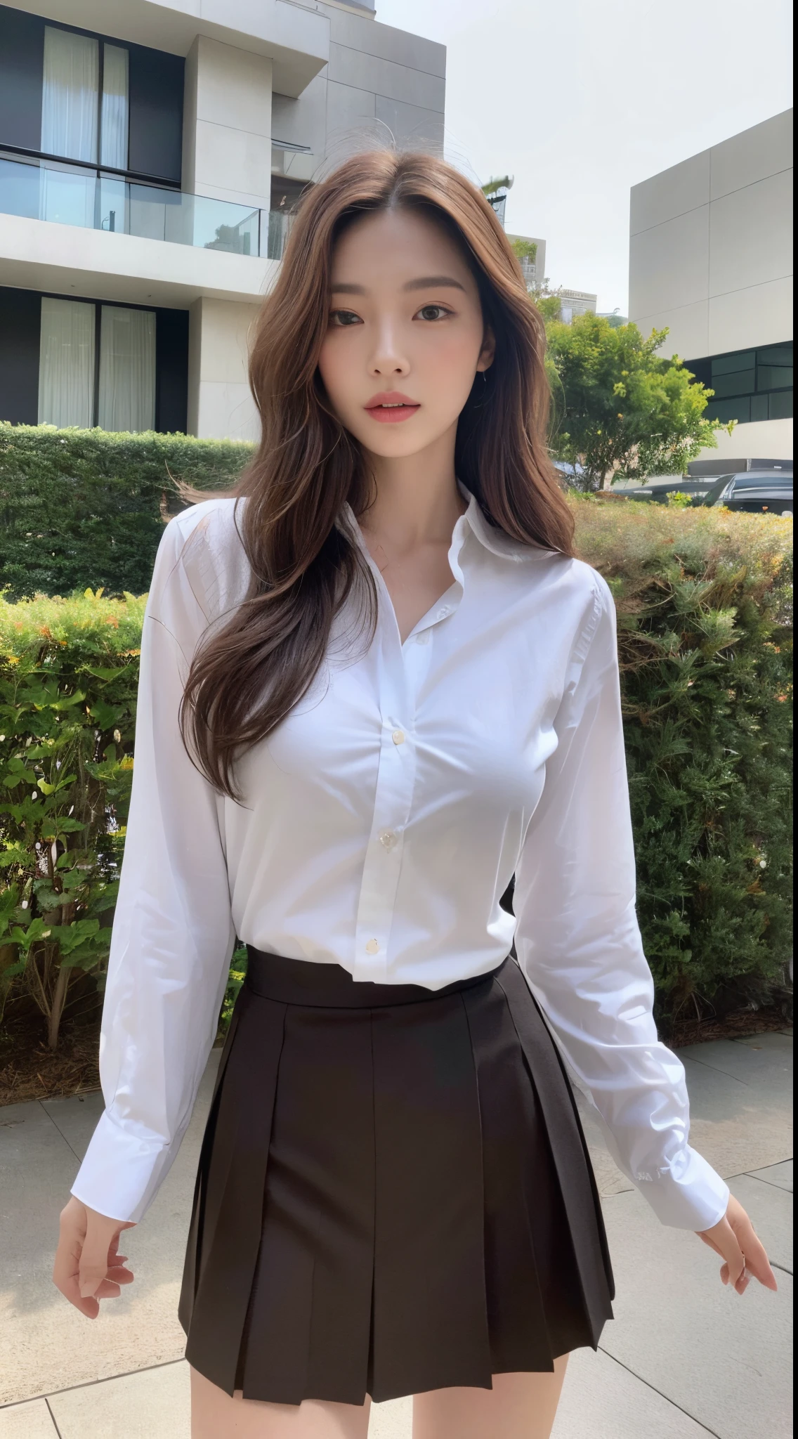 (Best quality, High resolution, Masterpiece :1.3), A tall and pretty woman, Slender abs, Dark brown hair styled in loose waves, Breasts, White button up shirt, Black pleated skirt, (Modern architecture in background), Details exquisitely rendered in the face and skin texture, Detailed eyes, Double eyelid