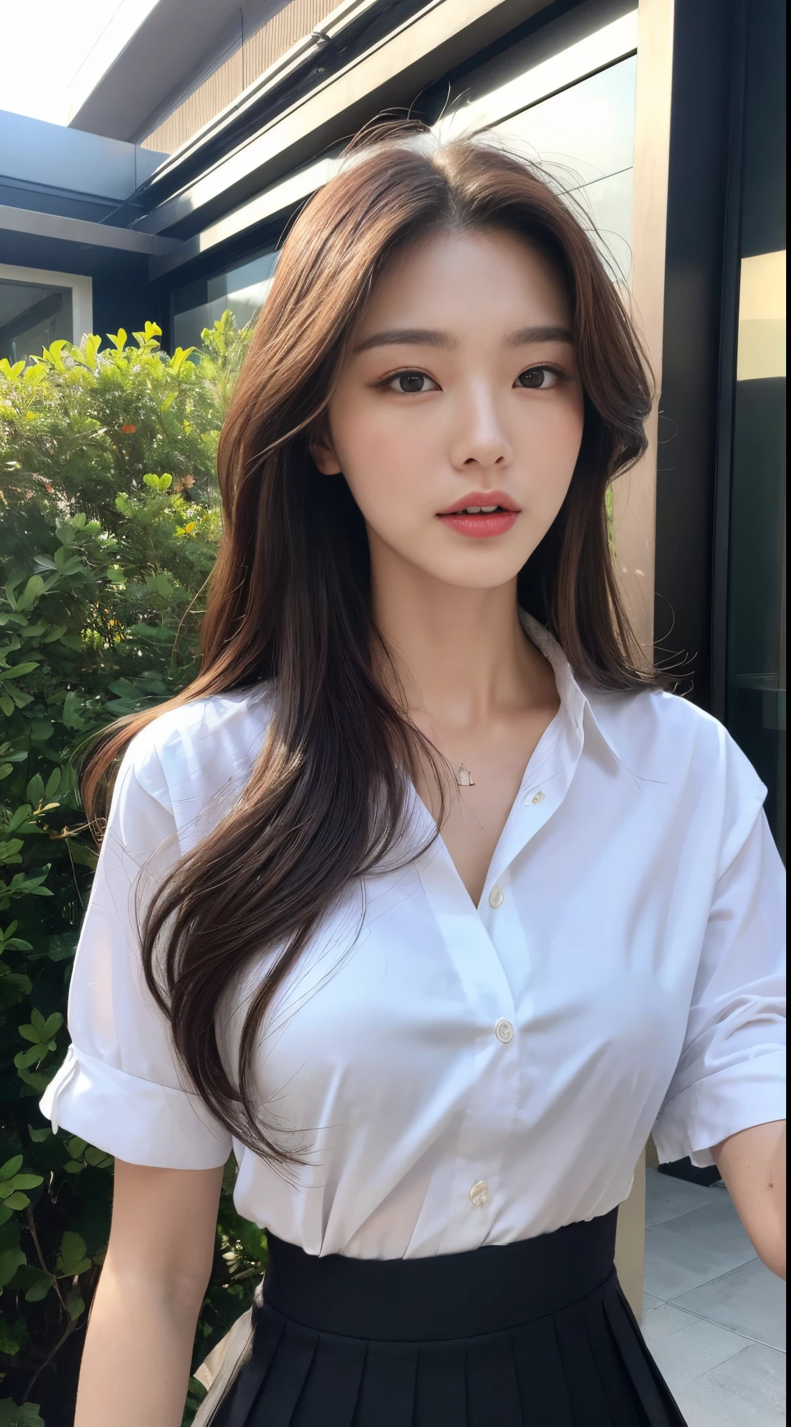 (best quality, high resolution, masterpiece :1.3), tall and pretty girl, slim abs, Dark brown hair wavy style, chest, wearing pendants, white button-up shirt, belt, black skirt, (modern architecture on background), Delicately expressed details, face, Including skin texture, detailed eyes, double eyelid, whole body