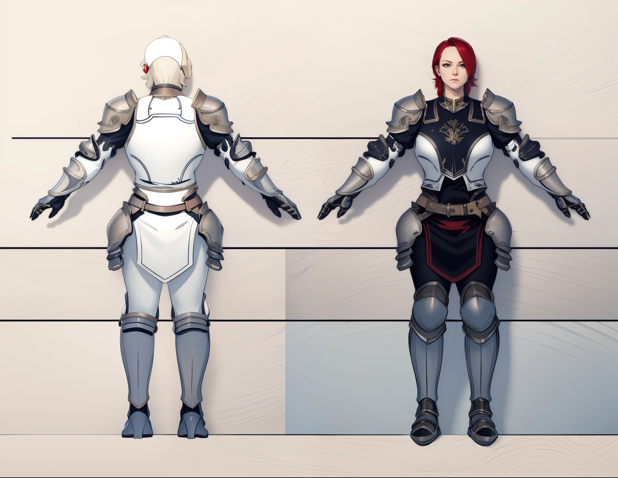 (masterpiece:1.1),(highest quality:1.1),(HDR:1),extreme quality, a close up of a person in armor with red hair, full body character concept, full body concept, detailed full body concept art, concept armor, detailed full body concept, full body concept art, valkyrie style character, game character design, concept character, full body character concept art, 3 d character reference sheet, female mecha, video game character concept, detailed character design, character sheet, character model sheet turnaround , front and back, front and back, Paladin wearing Silver Chain Armor with Moonlit Edges, black costume inside, red loincloth