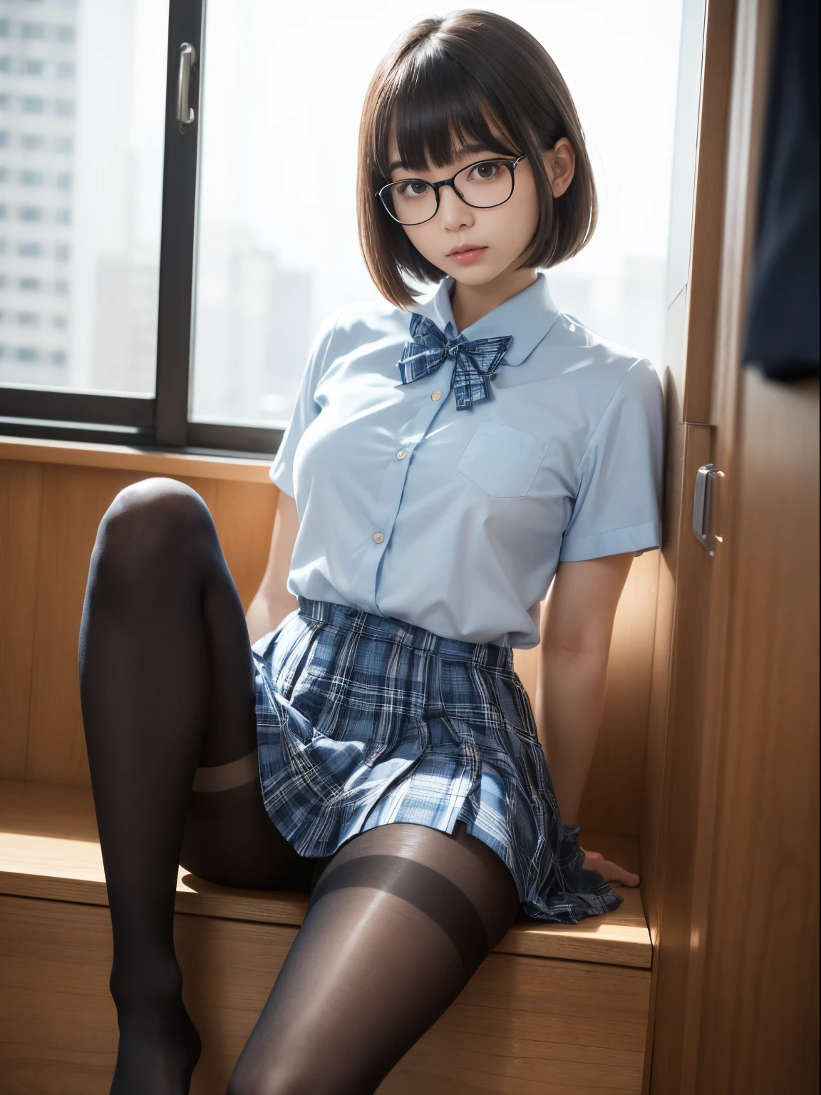 (Long bob cut)、(Panties are visible)、(Underwear is visible)、((Narrow-eyed))、((Narrow-eyed))、((Narrow-eyed))、(8K、Raw photography、top-quality、masterpiece:1.2),、Has a small、(flat breast)、(flat breast)、(flat breast)、(flat breast)、(flat breast)、(being thin)、light skinned、skin whitening、Dark look、Rasping,glamor,Chromo-white skin,cocky,School,watching at viewers,Looking at the front,Muchimuchi,High-pitched clothing,Erotic,Pupils,de pele branca,kne,((Black pantyhose)),absurderes,a small face,,Forehead visible,Bangs hanging from the left and right sides of the forehead,(a cold expression,Tight eyes,glares,Bullish,irate)、masterpiece,top-quality、超A high resolution,Raw photo,ren,Beautiful fece,One Person, 独奏,eye glass,,Dark look,Small breasts,fullllbody,Round glasses,JK school uniform,hi-school girl,A Japanese Lady,is standing,(Photorealsitic:1.37)、Photon mapping,Realistic、Beautie,Cute little face,Brown-eyed、Black socks、(Red bow tie)、Radio City、Physically Based Rendering、depth of fields、Blurry background、a picture,Body,beauty legs, Long legs, Thin leg,(Bangs are visible), hair, s lips, Blue_The eye, nosesoft,(Light blue shirt), (Navy and blue and white plaid pleated skirt), Knees are visible,Sheer clothing,, Thigh, Black cotton socks,Nogizaka Idol, 女優, Japanese ido