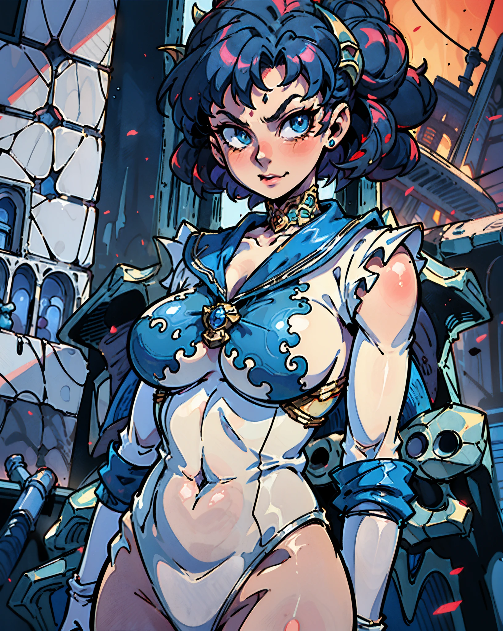 Dark and cold apocalyptic underground village,Bright night lightning night city,Her Royal Highness the sea captain,one piece swimsuit ,Marble poured statue of the Queen,blue manhwa lighting,Succubus dress,standing in center of the primitive city, happy, ready for upgrades, high tech