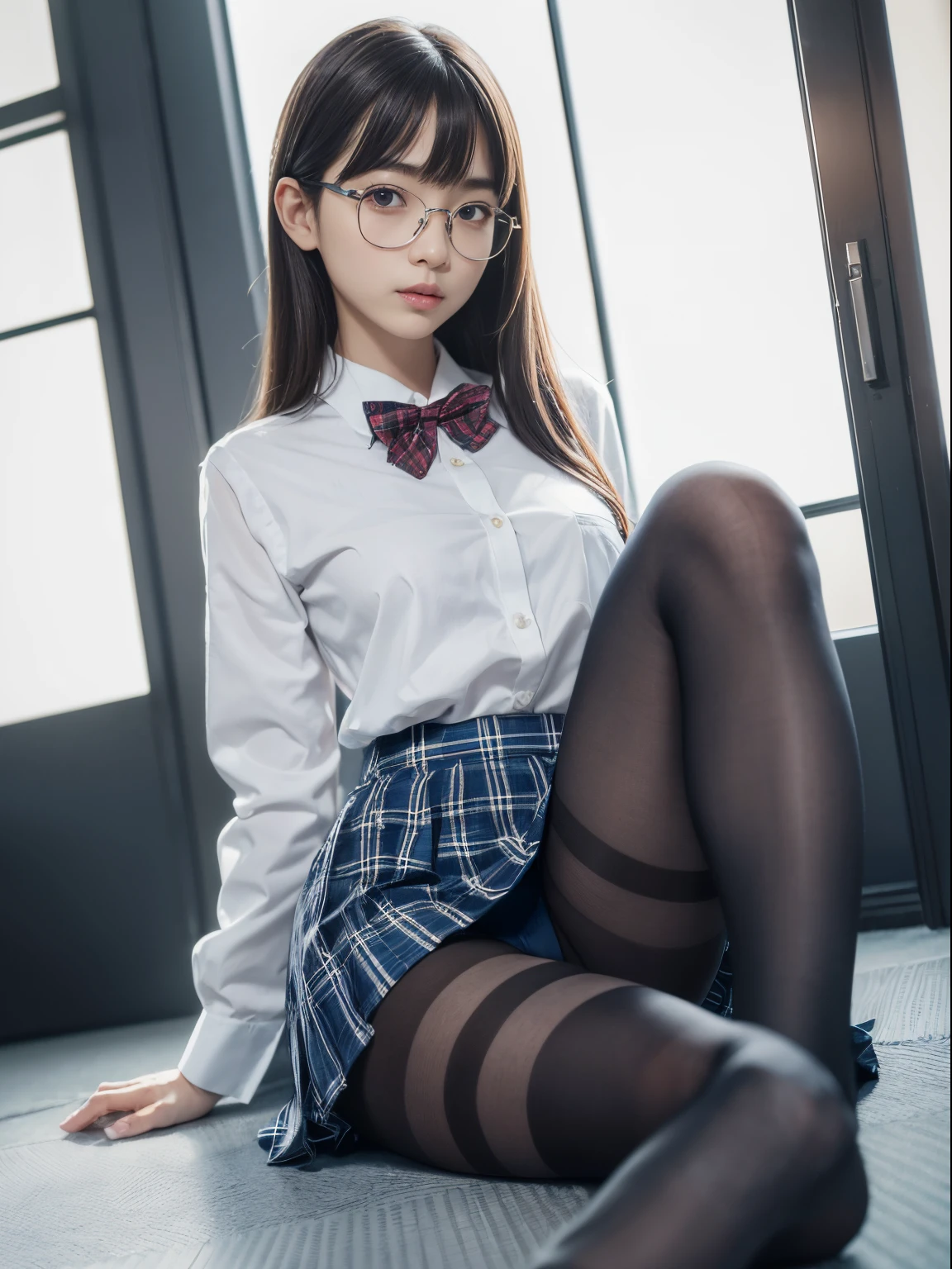 (Panties are visible)、(Underwear is visible)、((Narrow-eyed))、((Narrow-eyed))、((Narrow-eyed))、(8K、Raw photography、top-quality、masterpiece:1.2),、Has a small、(flat breast)、(flat breast)、(flat breast)、(flat breast)、(flat breast)、(being thin)、light skinned、skin whitening、Dark look、Rasping,glamor,Chromo-white skin,cocky,School,watching at viewers,Looking at the front,Muchimuchi,High-pitched clothing,Erotic,Pupils,de pele branca,kne,((Black pantyhose)),absurderes,a small face,,Forehead visible,Bangs hanging from the left and right sides of the forehead,(a cold expression,Tight eyes,glares,Bullish,irate)、masterpiece,top-quality、超A high resolution,Raw photo,ren,Beautiful fece,One Person, 独奏,eye glass,,Dark look,Small breasts,fullllbody,Round glasses,JK school uniform,hi-school girl,A Japanese Lady,is standing,(Photorealsitic:1.37)、Photon mapping,Realistic、Beautie,Cute little face,Brown-eyed、Black socks、(Red bow tie)、Radio City、Physically Based Rendering、depth of fields、Blurry background、a picture,Body,beauty legs, Long legs, Thin leg,(Bangs are visible), hair, s lips, Blue_The eye, nosesoft,(Light blue shirt), (Navy and blue and white plaid pleated skirt), Knees are visible,Sheer clothing,, Thigh, Black cotton socks,Nogizaka Idol, 女優, Japanese ido