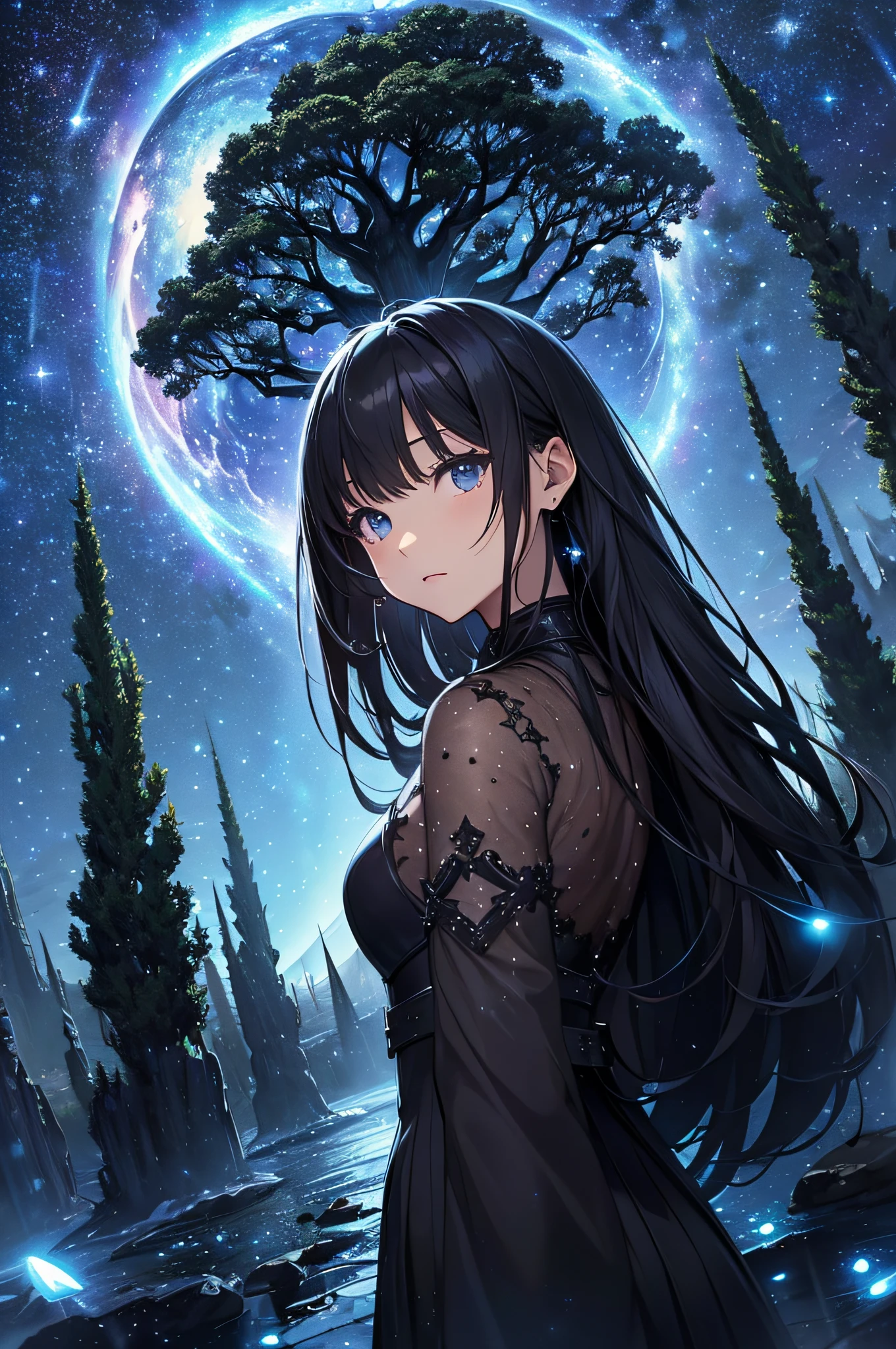 masterpiece、Background with((Fantastic starry sky、meteors、black hole))、Depth((Huge fantastic tree、Luminescent vegetation))、a beauty girl、doress、heavy wind