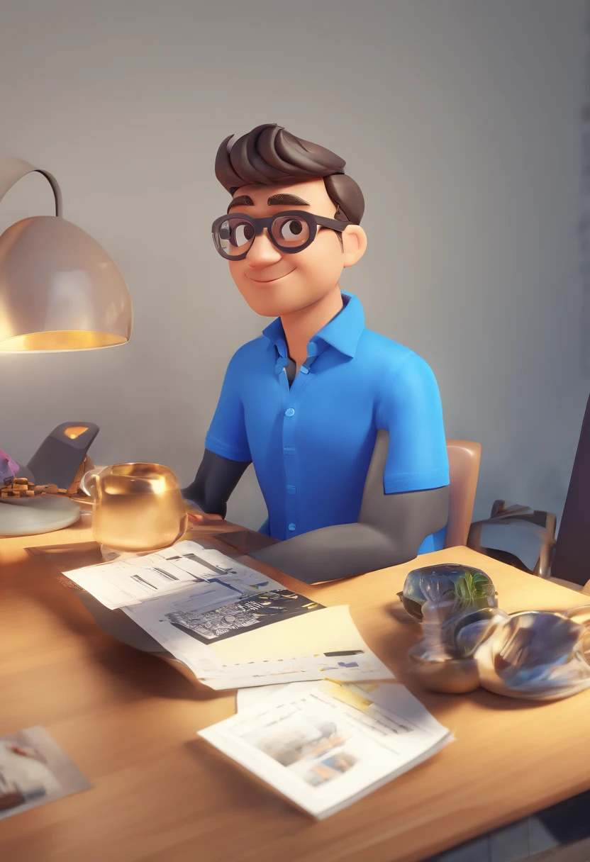 Male cartoon character wearing black glasses and blue shirt, Animated characters, Stylized characters, animation style render, Stylized 3D, Arnold Maya Lender, 3d rendering stylized, toon render keyshot, 3dcharacter, 3dcharacter, 3D rendering stylized, 3 d character render, comic book character, close up character, Character Pose, (pixer style) (Master Parts:1.2) (Bokeh) (Best Quality) (detailedskin) (detailed texture) (8K) (clay) (Cinematic lighting) (foco nítido，Sit down and hollow out your upper body