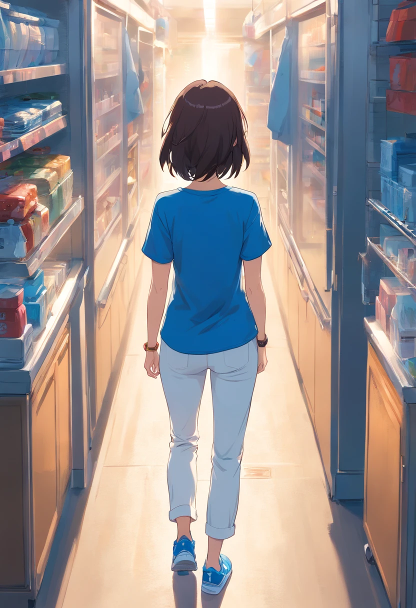 Girl's back view, full body top view, blue T-shirt, light white long pants, blue sneakers