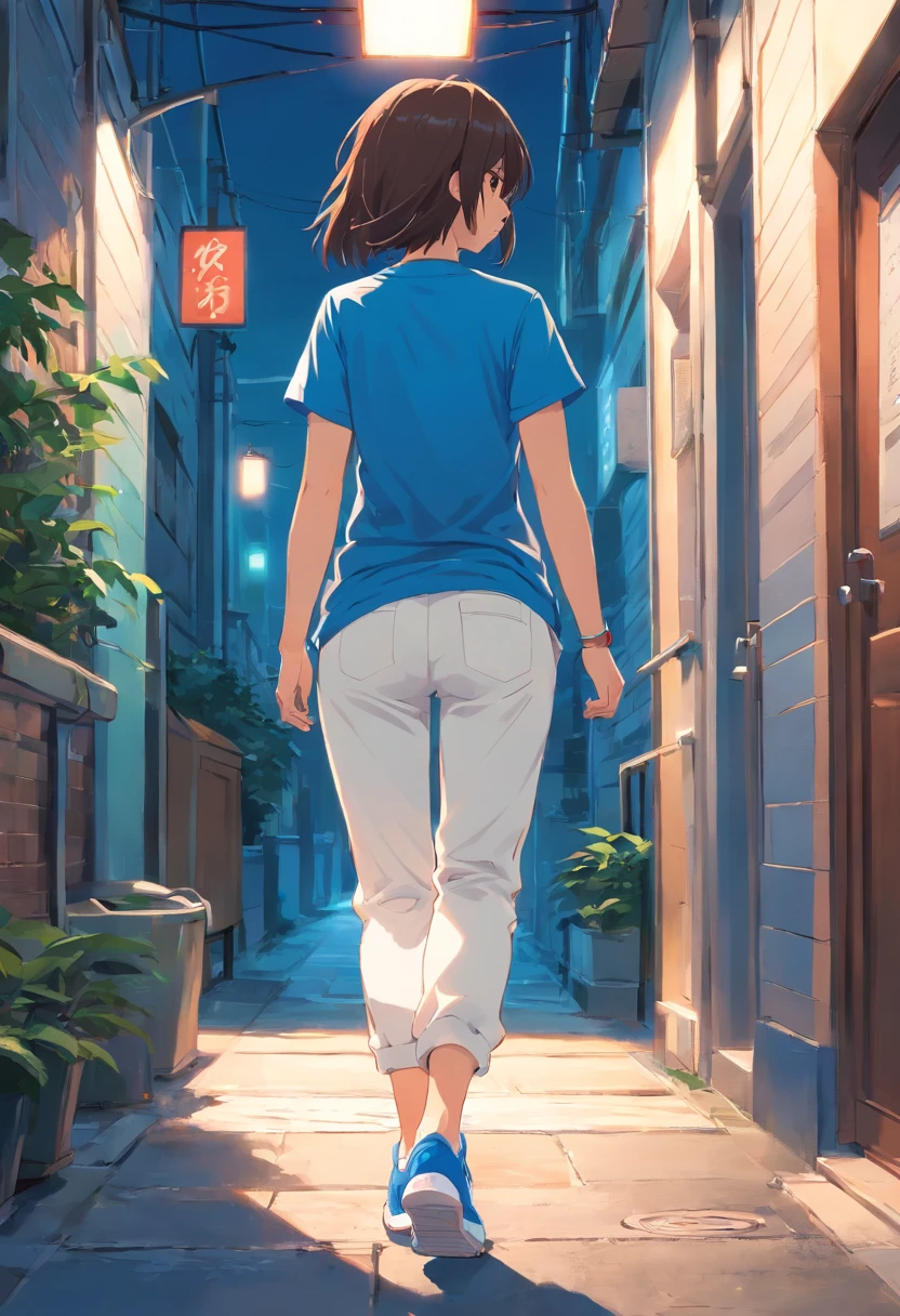 Girl&#39;s back view, full body top view, blue T-shirt, light white long pants, blue sneakers