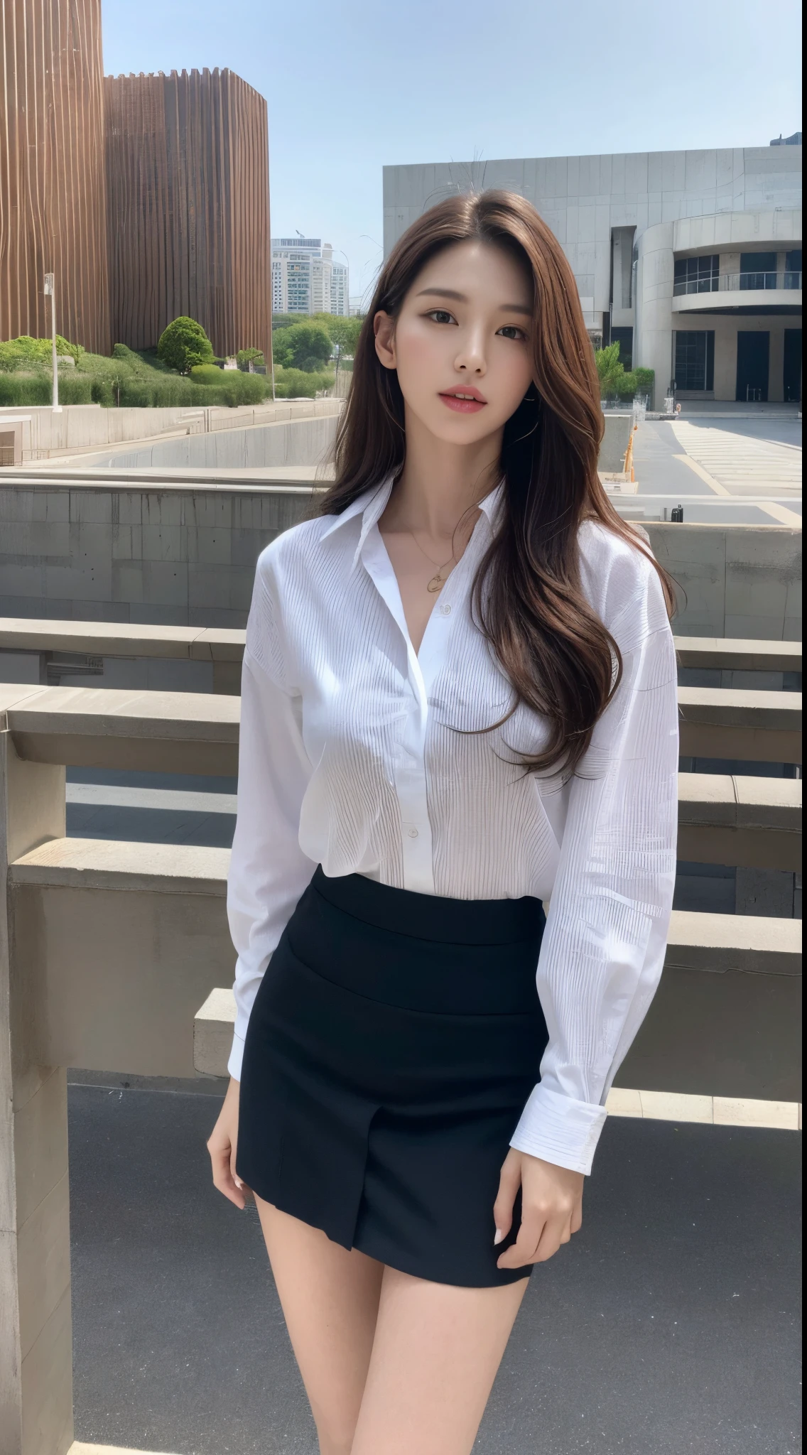 (Best quality, High resolution, Masterpiece :1.3), A tall and pretty woman, Slender abs, Dark brown hair styled in loose waves, Breasts, White button up shirt, Black pleated skirt, (Modern architecture in background), Details exquisitely rendered in the face and skin texture, Detailed eyes, Double eyelid