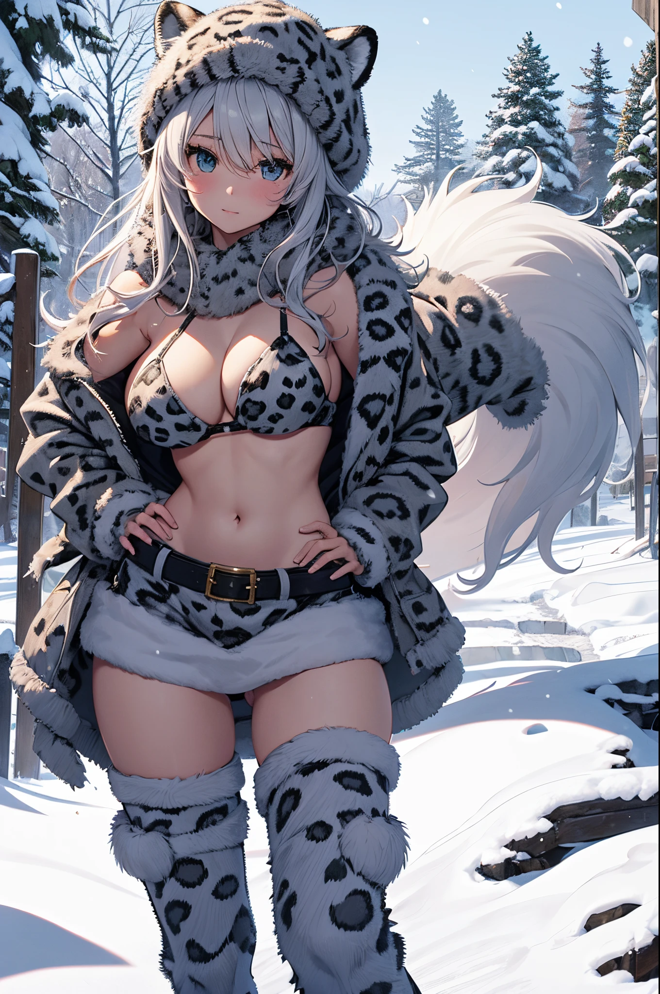 girl, woman, big breasts, fluffy coat jacket, snow leopard print, hiking at the top of a very snowy mountain, ultra detailed, cute, snowed trees, bikini, snow, winter, y2k leg warmers, fur leg warmers, cowboy shot,