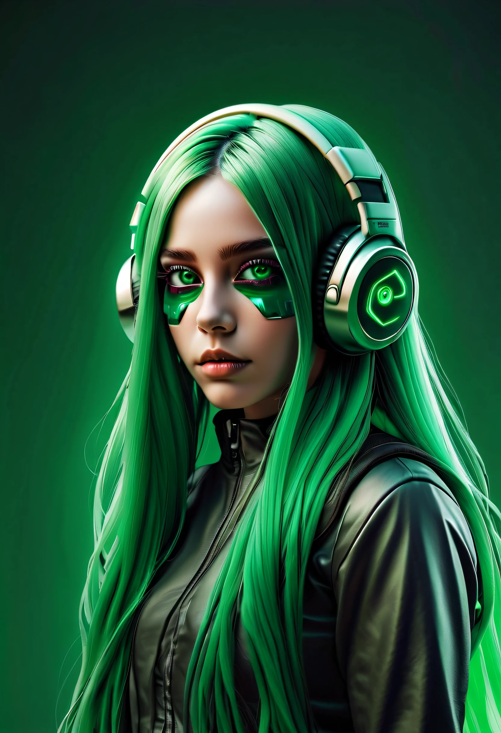 girl with long green hair, green eyes, futuristic vibes, mask on mouth, headphones, 8k, high quality, simple background, glowing eyes, nice pose