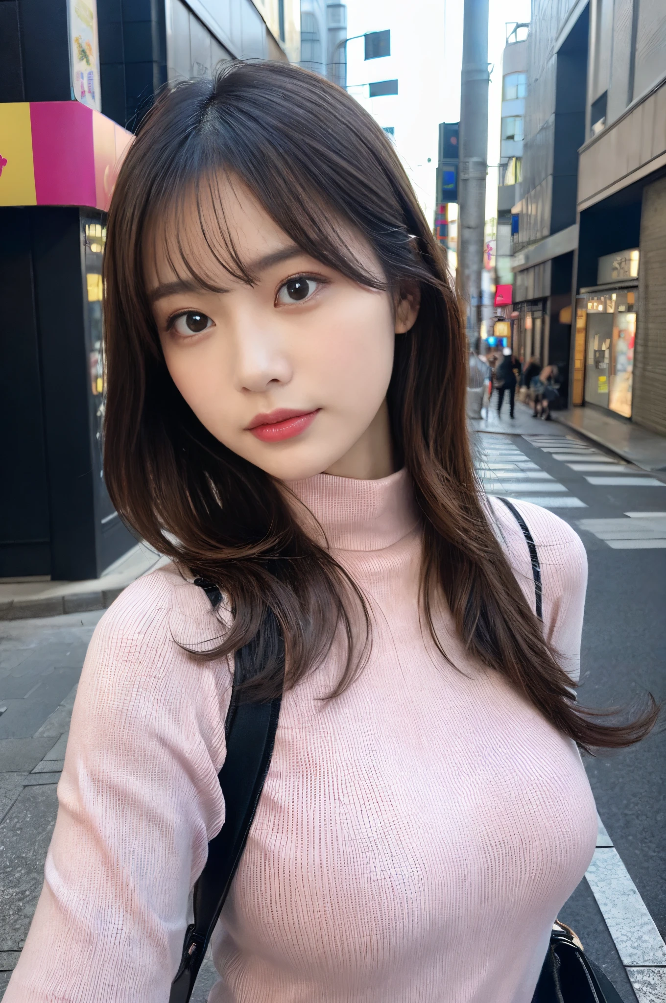 (Colossal tits、pink turtleneck knit、Shoulder bag)、(top-quality,masterpiece:1.3,超A high resolution,),(ultra-detailliert,Caustics),(Photorealsitic:1.4,RAW shooting,)Ultra-realistic capture,A highly detailed,high-definition16Kfor human skin、 Skin texture is natural、、The skin looks healthy with an even tone、 Use natural light and color,Woman in her 30s,japanes,,kawaii,A dark-haired,Middle hair,(depth of fields、chromatic abberation、、Wide range of lighting、Natural Shading、)、(Hair swaying in the wind:1.2)、Streets of Tokyo