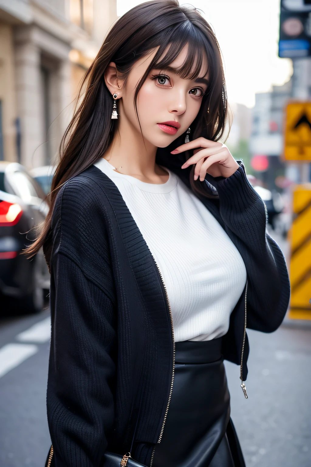 Lorua,, , 1girl in, Ahoge, Bangs, Black skirt, Black sweater, Blue Nails, Blurry, Blurry background, breasts, Brown eyes, Brown hair, Brown jacket, Closed mouth, fixed, day, depth of fields, earrings, Eyelashes, Hand up, Head tilt, Jacket, Jewelry, Long hair, Long sleeves, Looking at Viewer, medium breasts, nail polish, Open your clothes, Open jacket, Outdoors, puckered lips, shirt tucked in, side locks, Skirt, sleeves past wrists, Solo, Sweaters, Upper body, zippers, , , ((masutepiece)), ,