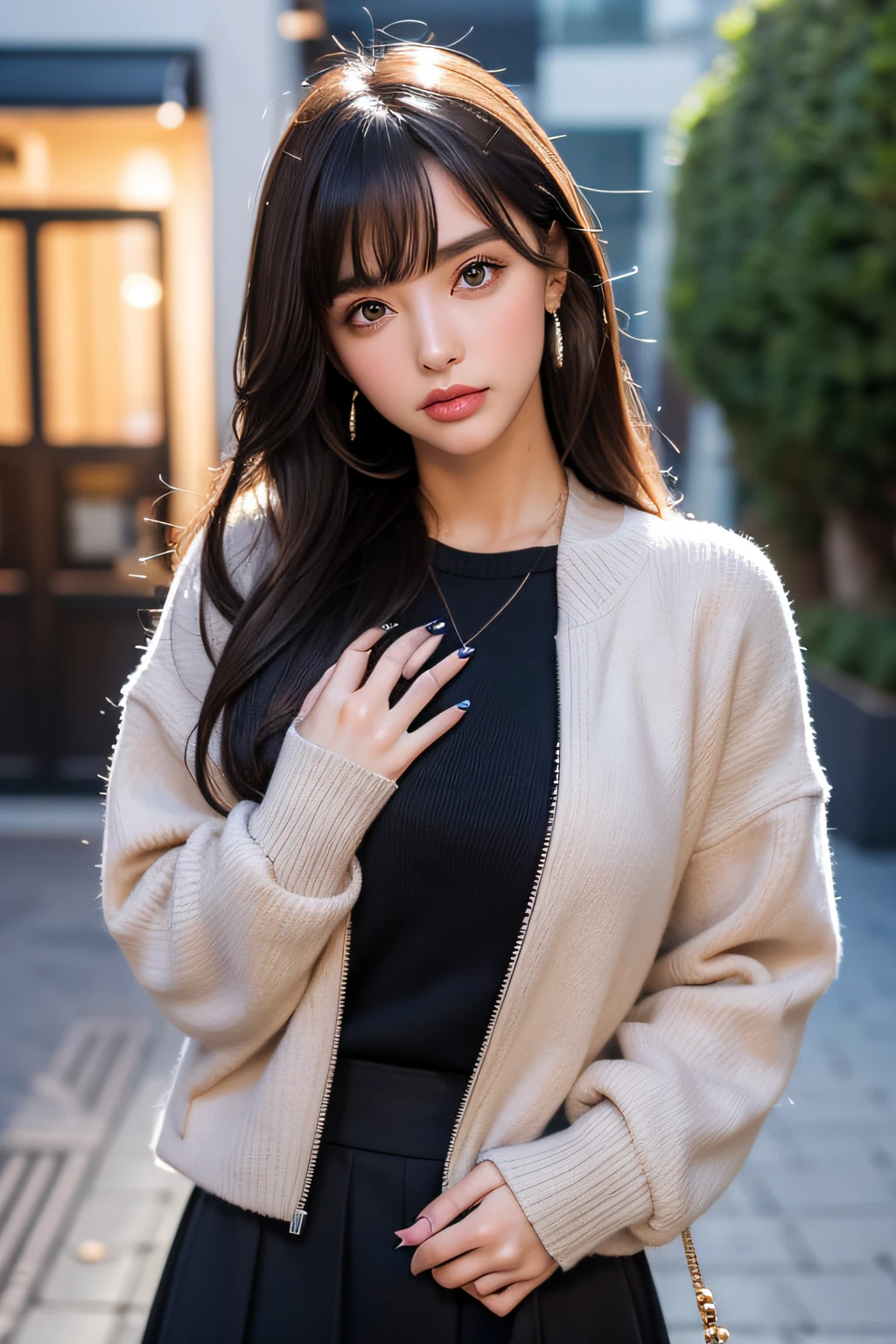 Lorua,, , 1girl in, Ahoge, Bangs, Black skirt, Black sweater, Blue Nails, Blurry, Blurry background, breasts, Brown eyes, Brown hair, Brown jacket, Closed mouth, fixed, day, depth of fields, earrings, Eyelashes, Hand up, Head tilt, Jacket, Jewelry, Long hair, Long sleeves, Looking at Viewer, medium breasts, nail polish, Open your clothes, Open jacket, Outdoors, puckered lips, shirt tucked in, side locks, Skirt, sleeves past wrists, Solo, Sweaters, Upper body, zippers, , , ((masutepiece)), ,