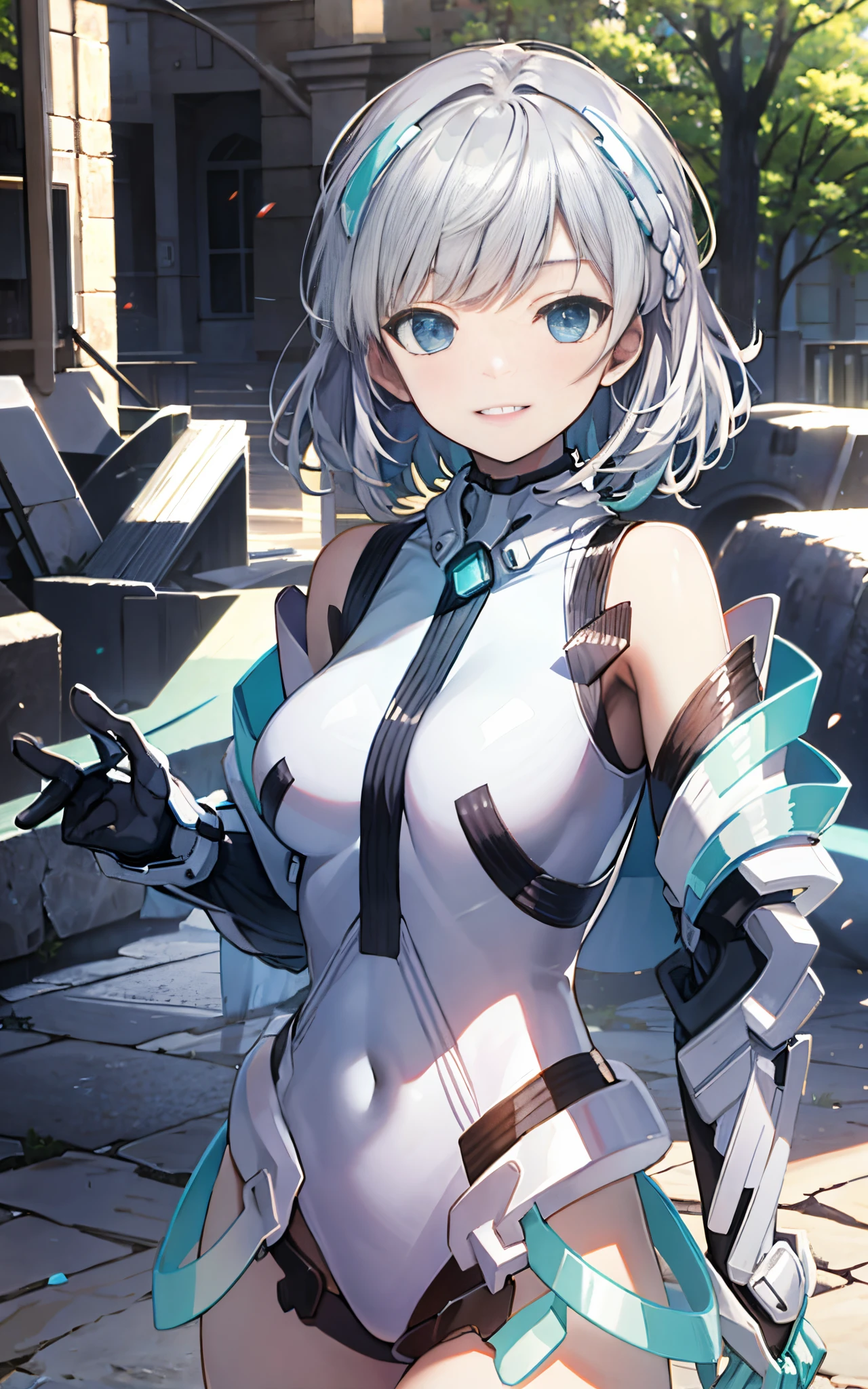 lightsmile, deva battle suit, Outdoors, Silver hair, bobhair, Blue eyes, waist shot