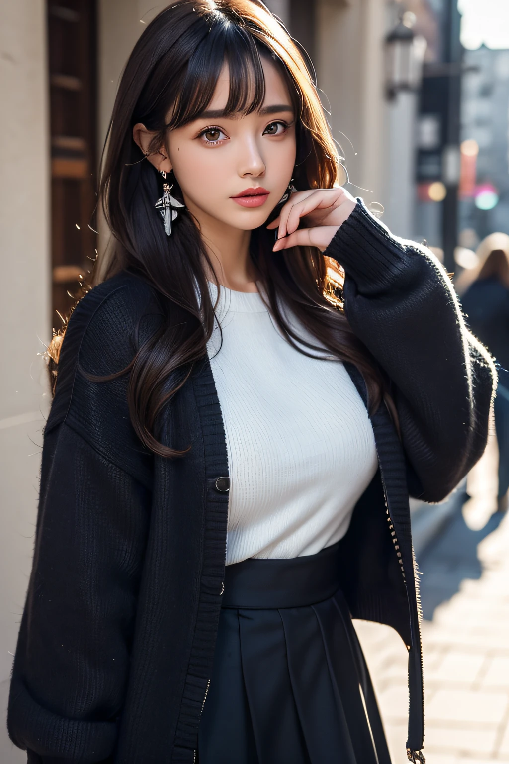 Lorua,, , 1girl in, Ahoge, Bangs, Black skirt, Black sweater, Blue Nails, Blurry, Blurry background, breasts, Brown eyes, Brown hair, Brown jacket, Closed mouth, fixed, day, depth of fields, earrings, Eyelashes, Hand up, Head tilt, Jacket, Jewelry, Long hair, Long sleeves, Looking at Viewer, medium breasts, nail polish, Open your clothes, Open jacket, Outdoors, puckered lips, shirt tucked in, side locks, Skirt, sleeves past wrists, Solo, Sweaters, Upper body, zippers, , , ((masutepiece)), ,