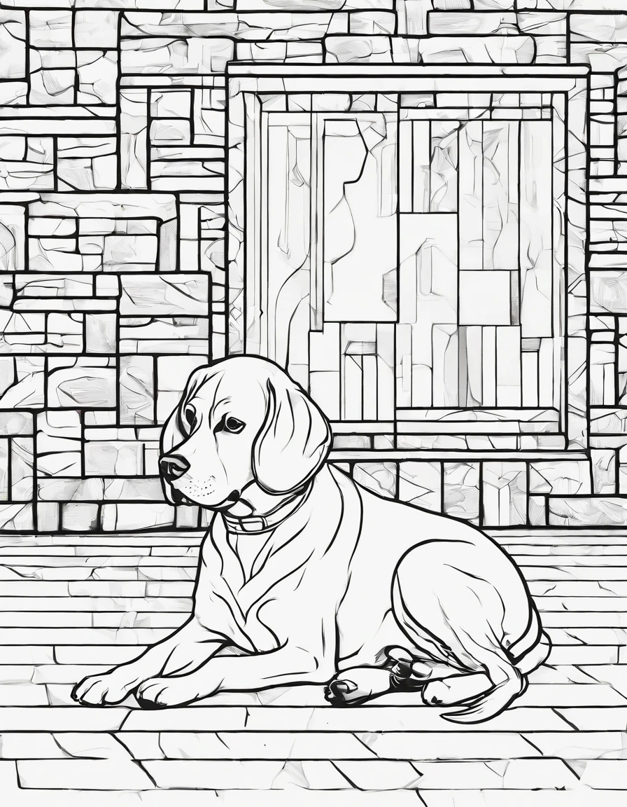 Beagle laying down on the floor, background is a brick wall, high quality, for coloring book, black and white