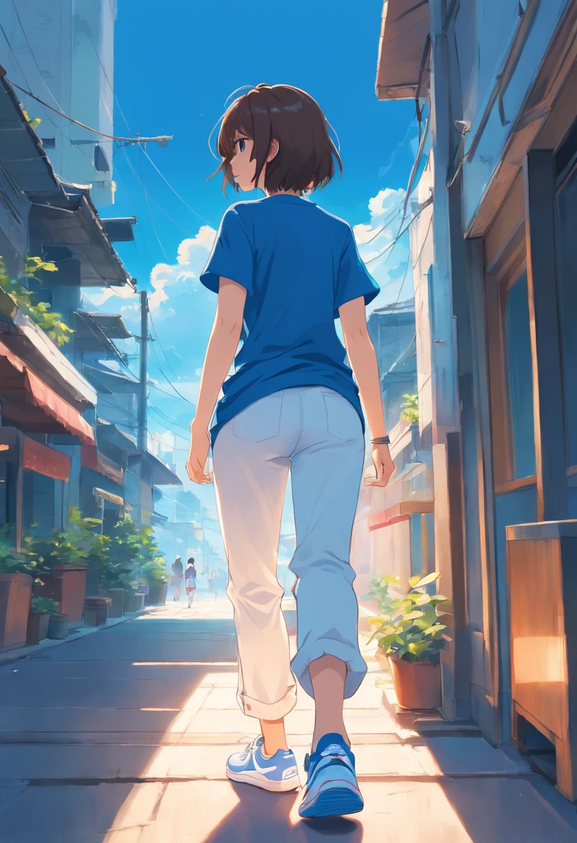 Girl's back, sideways, blue T-shirt, light white long pants, blue sneakers