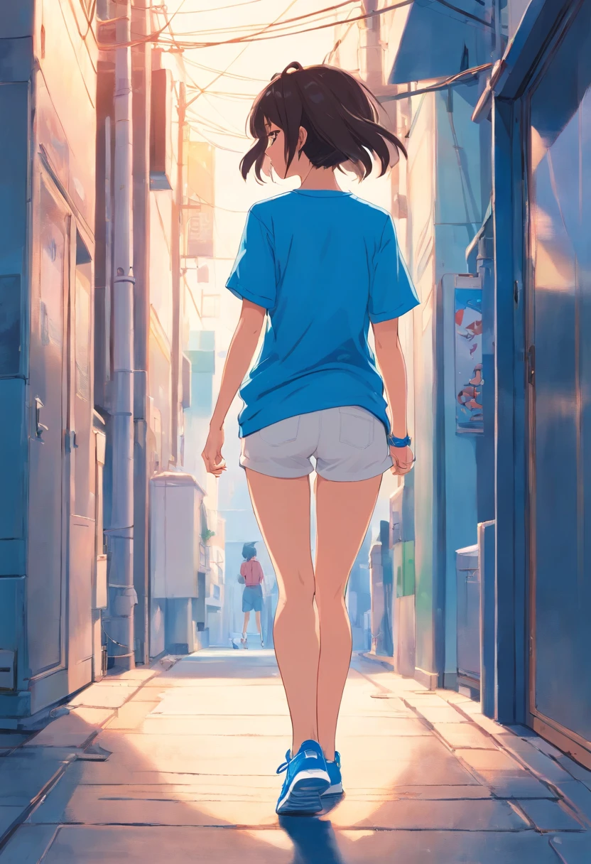 Girl's back, sideways, blue T-shirt, light white long pants, blue sneakers