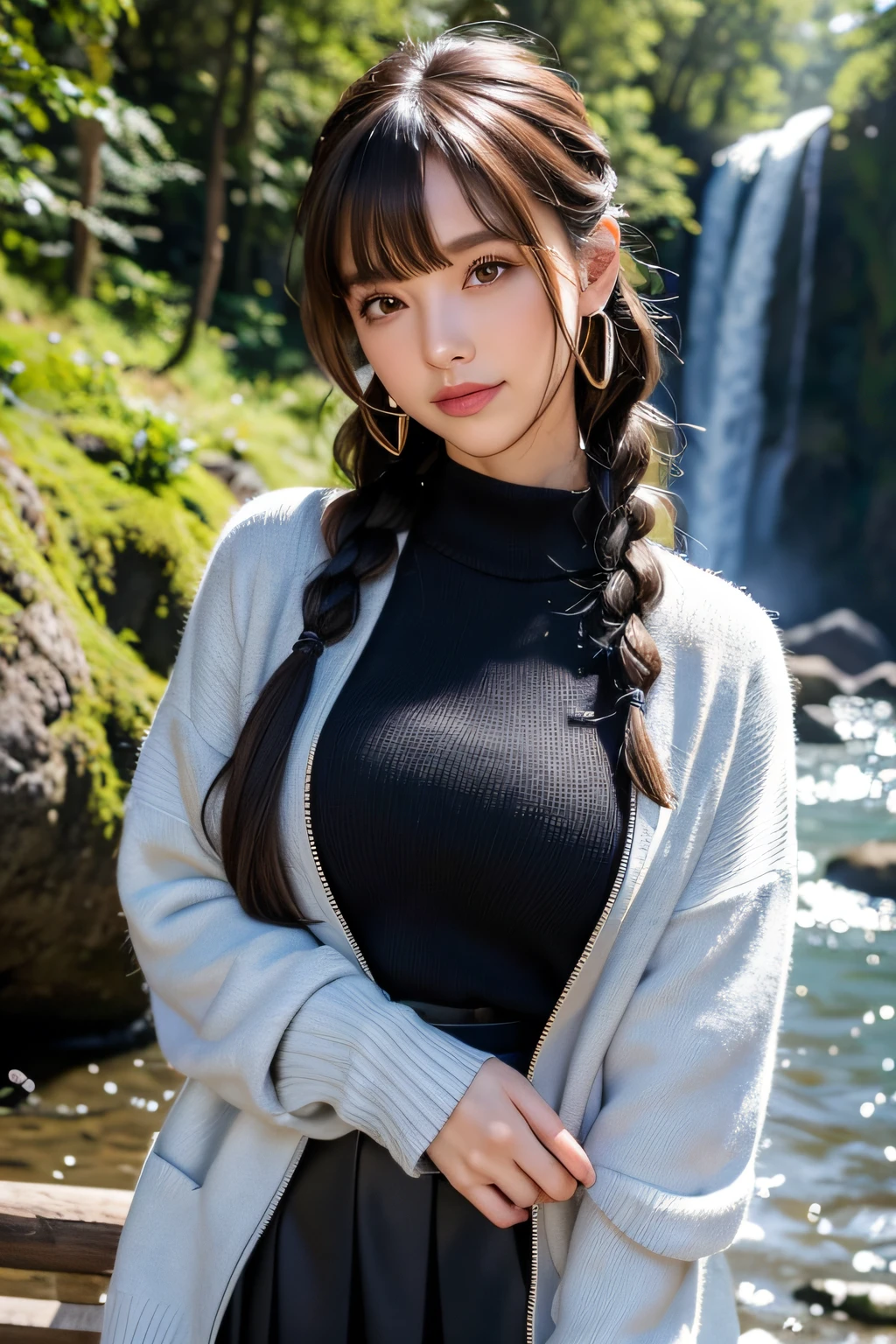 Lorua,, , 1girl in, Ahoge, Bangs, Black skirt, Black sweater, Blue Nails, Blurry, Blurry background, breasts, Brown eyes, Brown hair, Brown jacket, Closed mouth, fixed, day, depth of fields, earrings, Eyelashes, Hand up, Head tilt, Jacket, Jewelry, Long hair, Long sleeves, Looking at Viewer, medium breasts, nail polish, Open your clothes, Open jacket, Outdoors, puckered lips, shirt tucked in, side locks, Skirt, sleeves past wrists, Solo, Sweaters, Upper body, zippers, , , ((masutepiece)), In front of a large waterfall in the forest、A smile、Curly hair in braids、