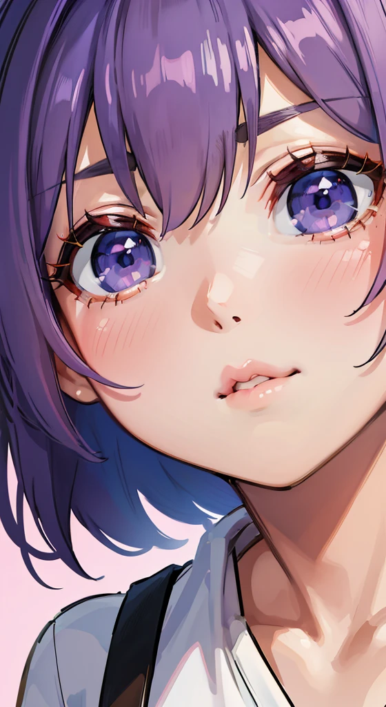 "(best quality, highres, ultra-detailed), female anime, t-shirt and mini skirt, short purple hair, detailed eyes and face, beautiful detailed lips, long eyelashes, vibrant colors, anime style, natural lighting"