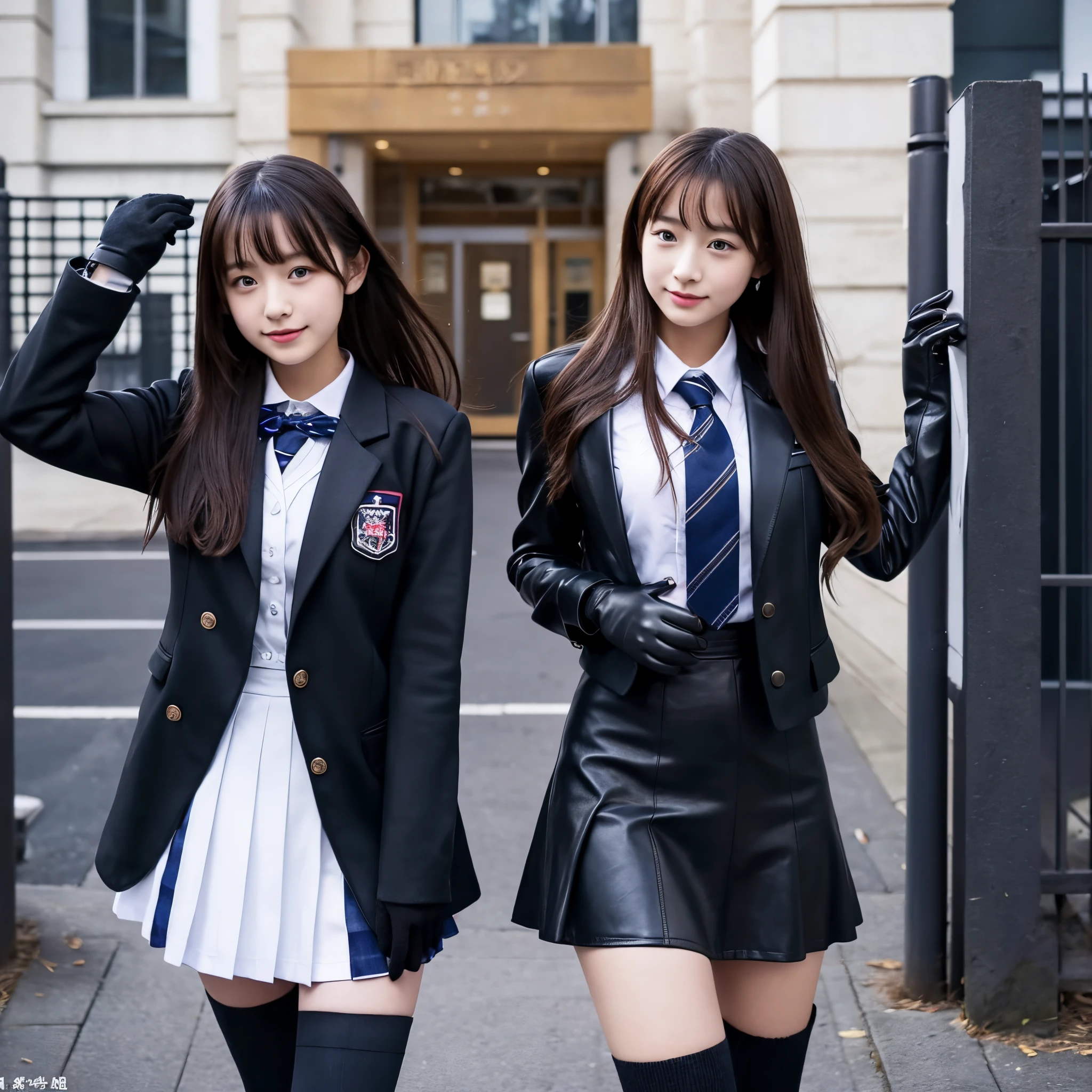 High school girl in blazer uniform、Black leather gloves、Black leather long boots