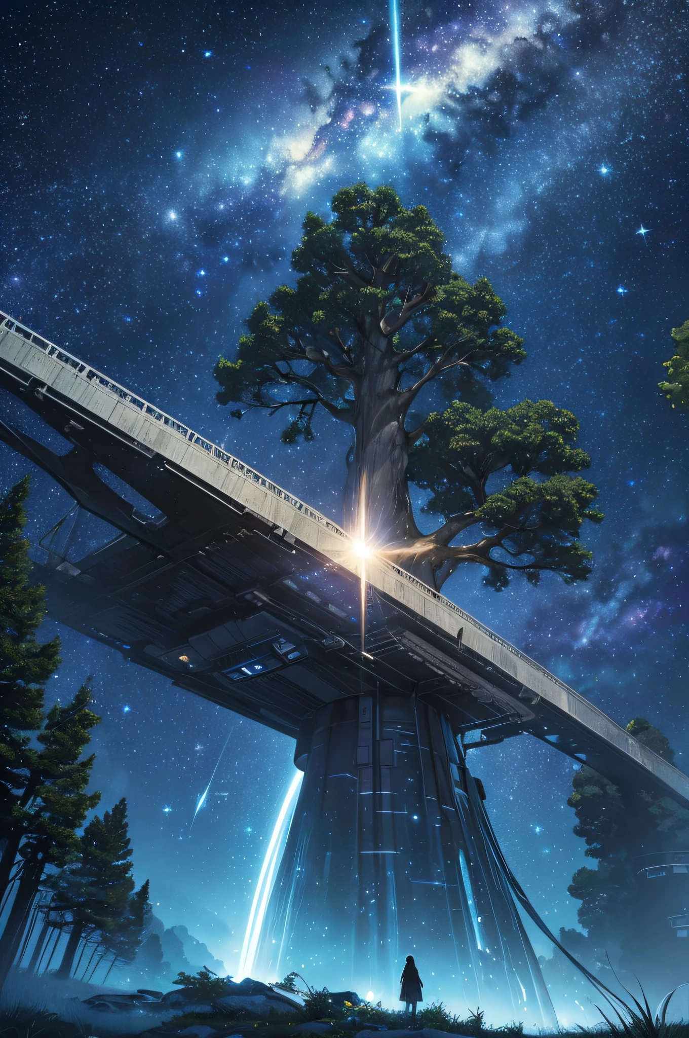 masterpiece、Background with((Fantastic starry sky、meteors、black hole))、Depth((Huge fantastic tree、Luminescent vegetation))、a beauty girl、doress、heavy wind