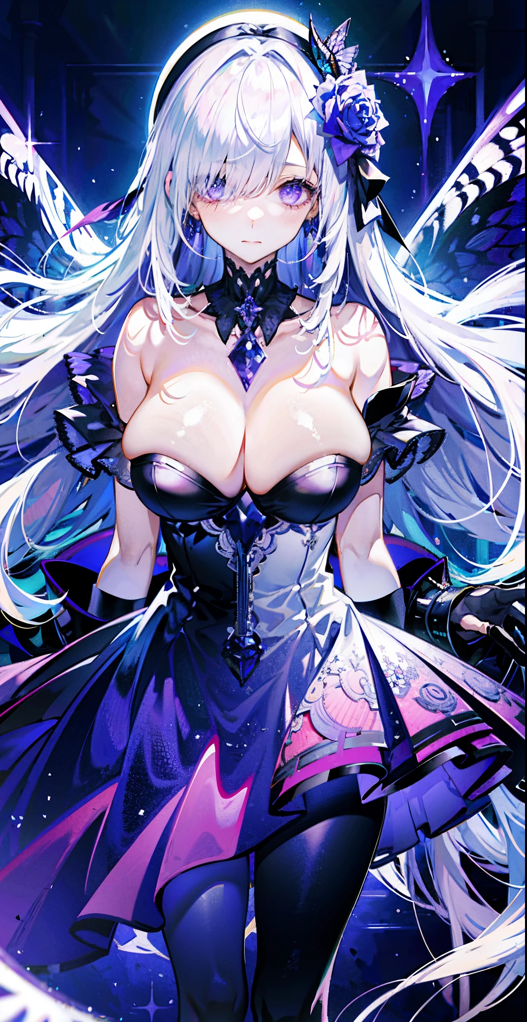 silber hair,butterflys,Long gray hair,8k wallpaper,detailedbackground,Highest high resolution,Deep V large breasts,hair covering one eye,Bando,Church background,purple roses,Tight,themoon,