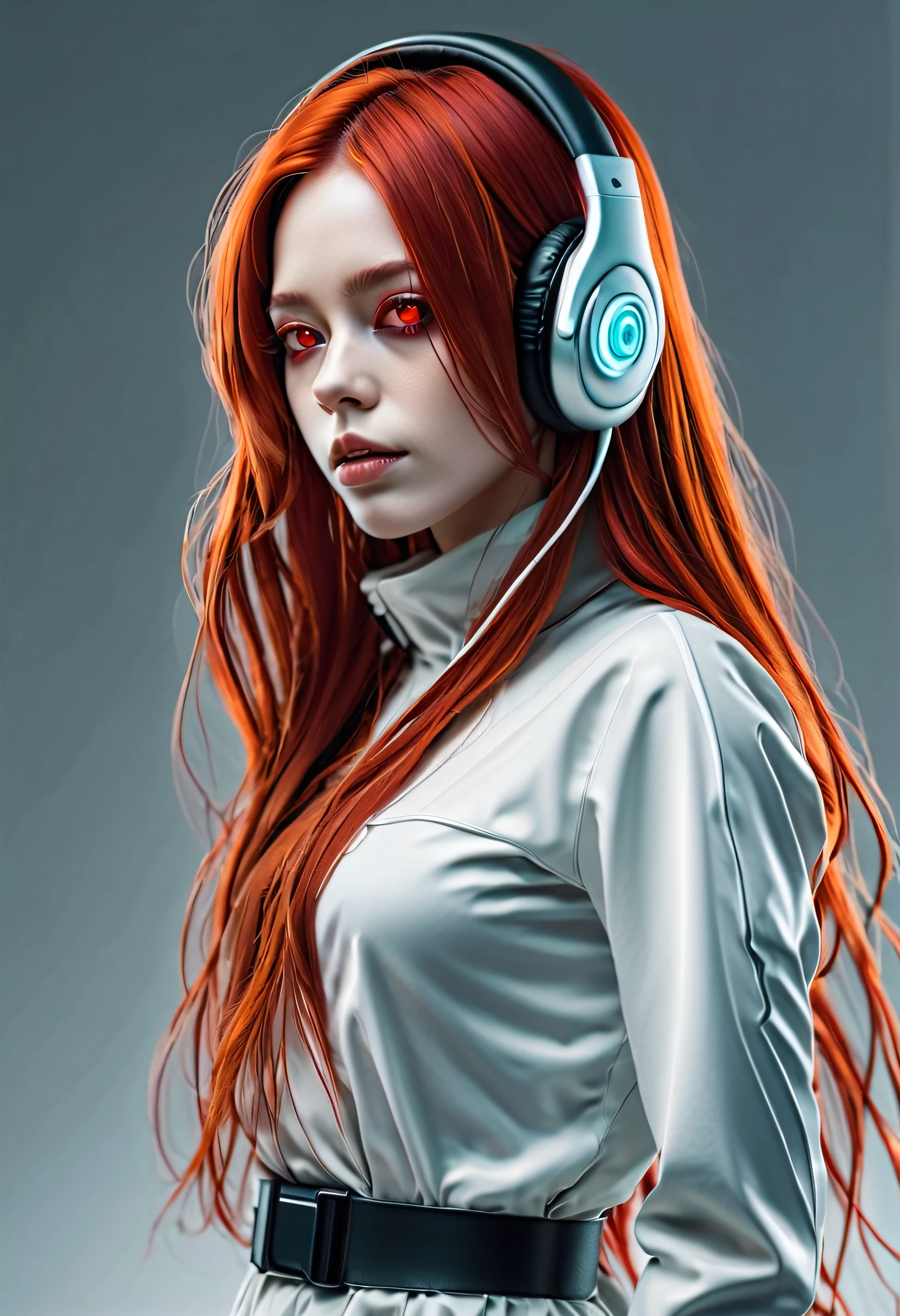 girl with long red hair, red eyes, futuristic vibes, mask on mouth, headphones, 8k, high quality, simple background, glowing eyes, nice pose