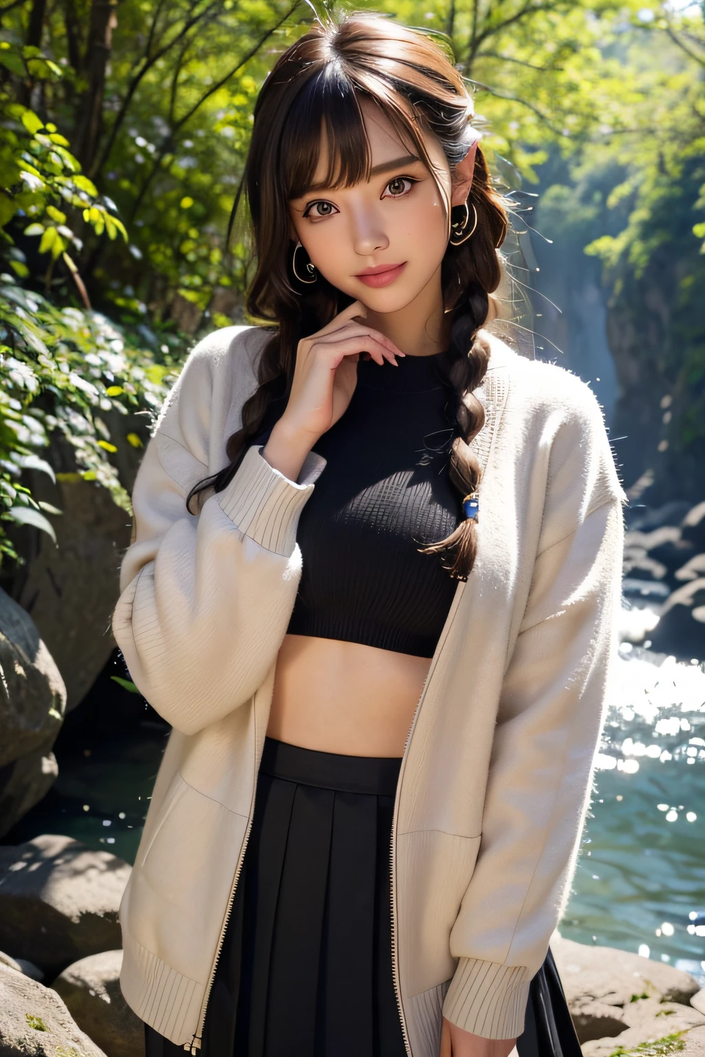 ((High-resolution images, masterpiece, Atmospheric perspective, 8K, Very detailed, Accurate, Highest quality, Single Shot)), (((Cute western woman masturbating))), (Casual Style), Jacket, Unbuttoned shirt, Swollen areola, (Round face, Realistic eye size, Droopy eyes, blush, smile), (((Stand and spread your legs, ))), (in the forest, Mountain, rock, Narrow River, At night), Blonde braids, Small earrings, Thin Necklace, (light makeup),