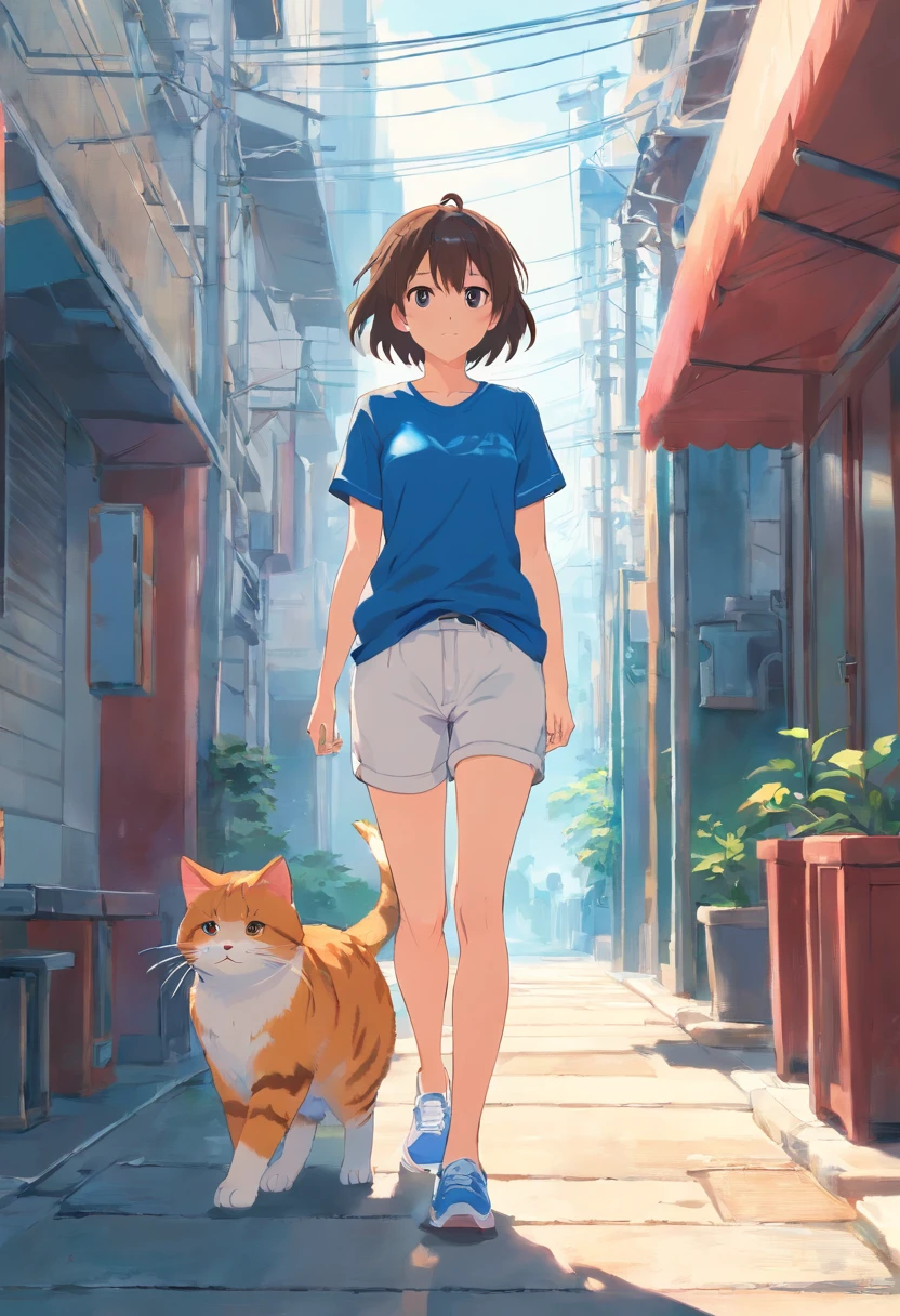 The girl&#39;s back is holding a cat and is a little sideways. She is wearing a blue T-shirt, light white long pants, and blue sneakers.