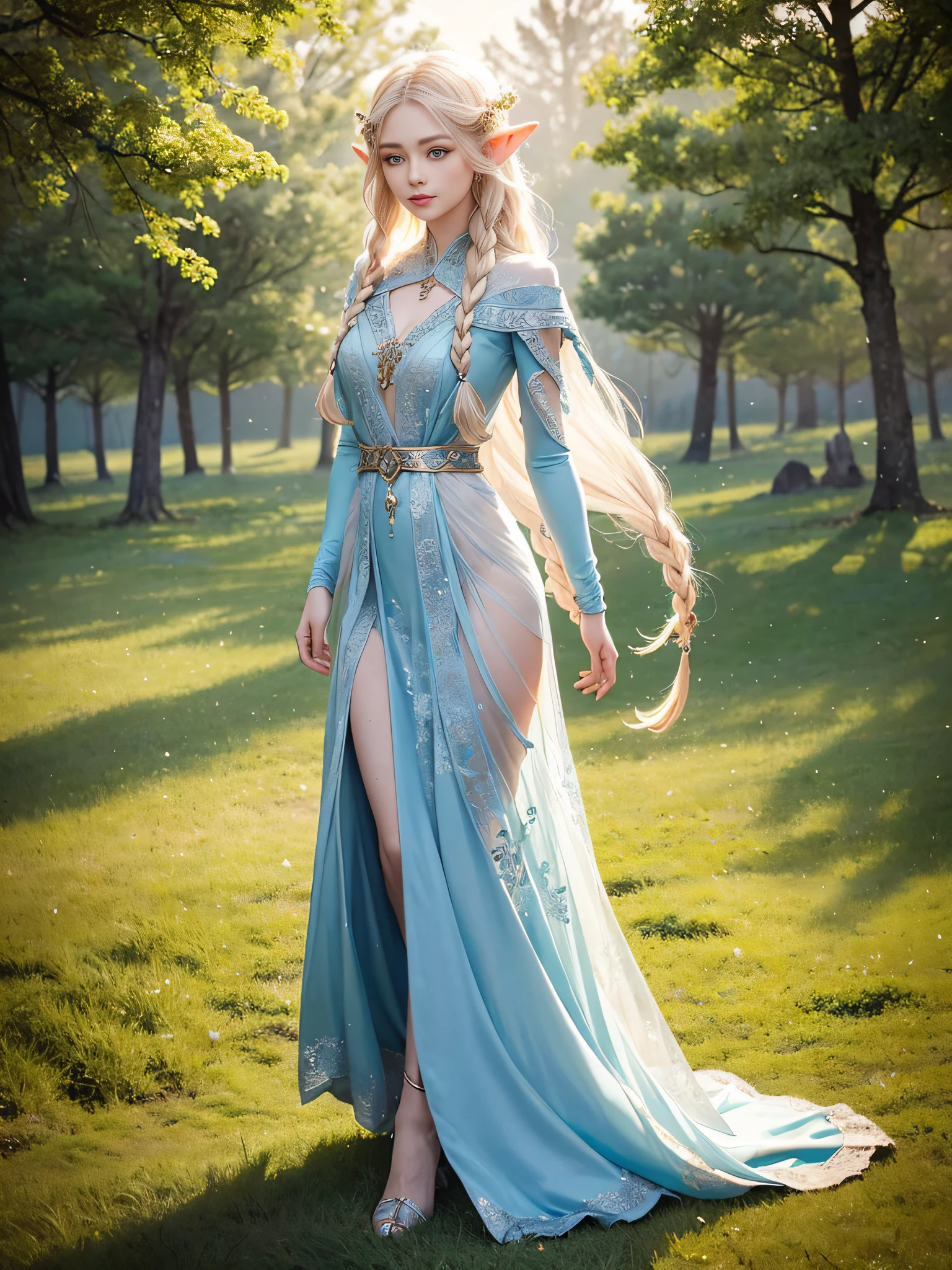 Graceful elven girl standing in meadow, Delicate face illuminated by the soft light of the setting sun. Her long, Flowing hair runs down your back, Decorated with intricate braids、Adorned with sparkling gemstones. This great photo is、、、It captures the ethereal beauty of elves. Slender figure in silk dress、Swaying in the soft steppe breeze. Attention to detail、Face that is、Face that is、Face that is、Face that is、It is evident in the intricate patterns of the dress and the subtle highlights of the luminescence. skin. The breathtaking portrayal of the elven girl is、、、、、Create an enchanting atmosphere、It invites the viewer to a magical world.