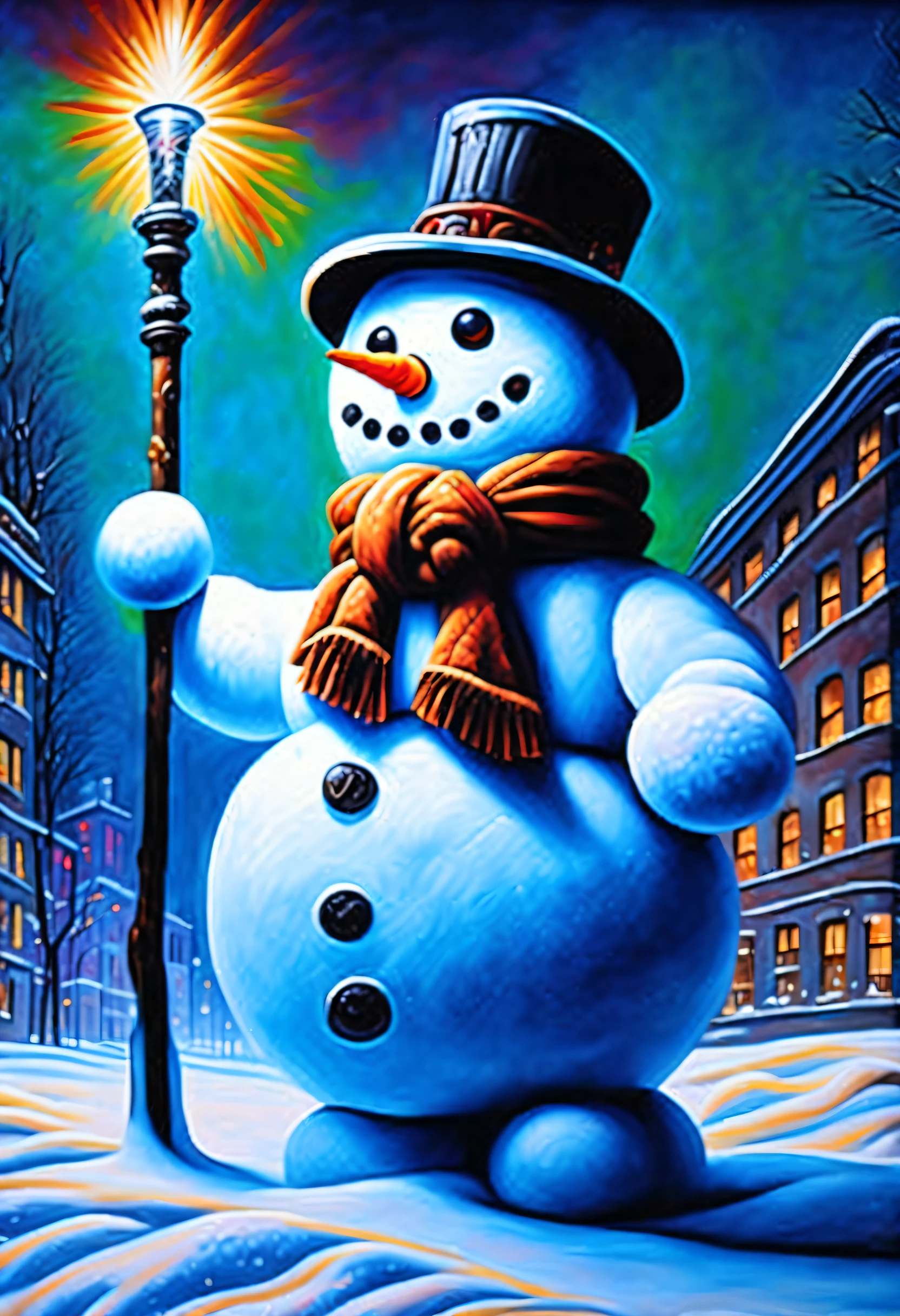 stunning oil painting of a nihilistic snowman, (edgy vibe smokes:1.1),  psychedelic cityscape with glowing aura background detail, surreal snow glow, nihilistic atmosphere, truly breathtaking experience, mesmerizing glow, intricate insane detail,