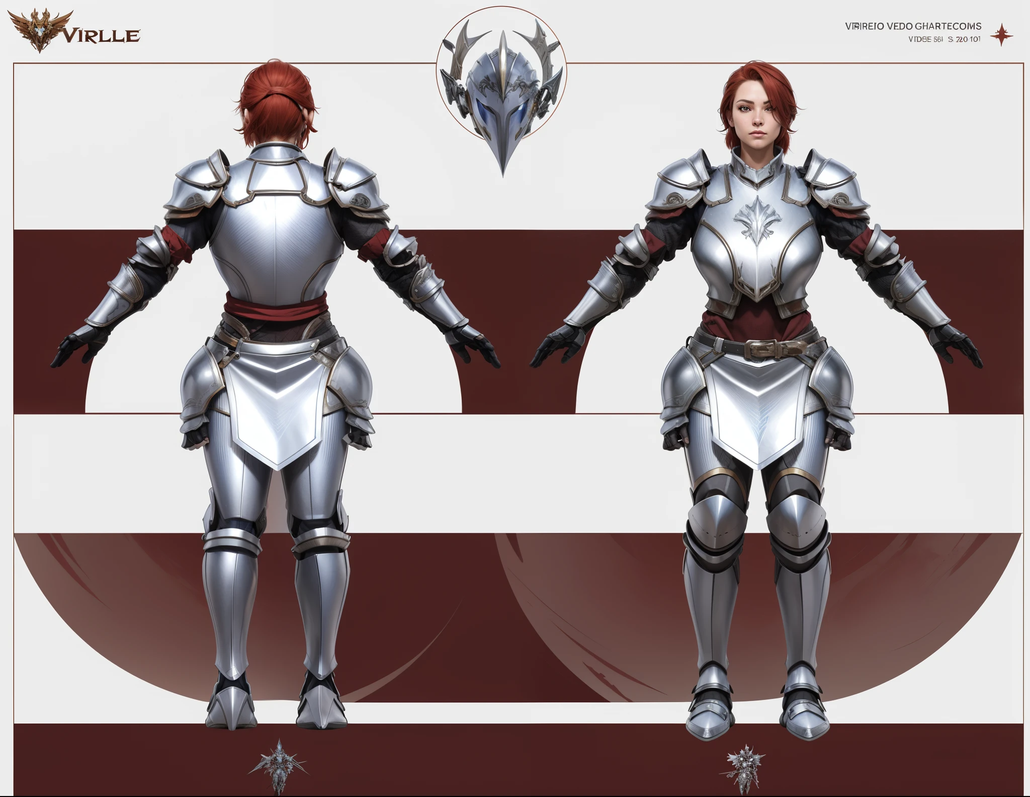 (masterpiece:1.1),(highest quality:1.1),(HDR:1),extreme quality, a close up of a person in armor with red hair, full body character concept, full body concept, detailed full body concept art, concept armor, detailed full body concept, full body concept art, valkyrie style character, game character design, concept character, full body character concept art, 3 d character reference sheet, female mecha, video game character concept, detailed character design, character sheet, character model sheet turnaround , front and back, front and back, Paladin wearing Silver Chain Armor with Moonlit Edges, black pants inside, red loincloth