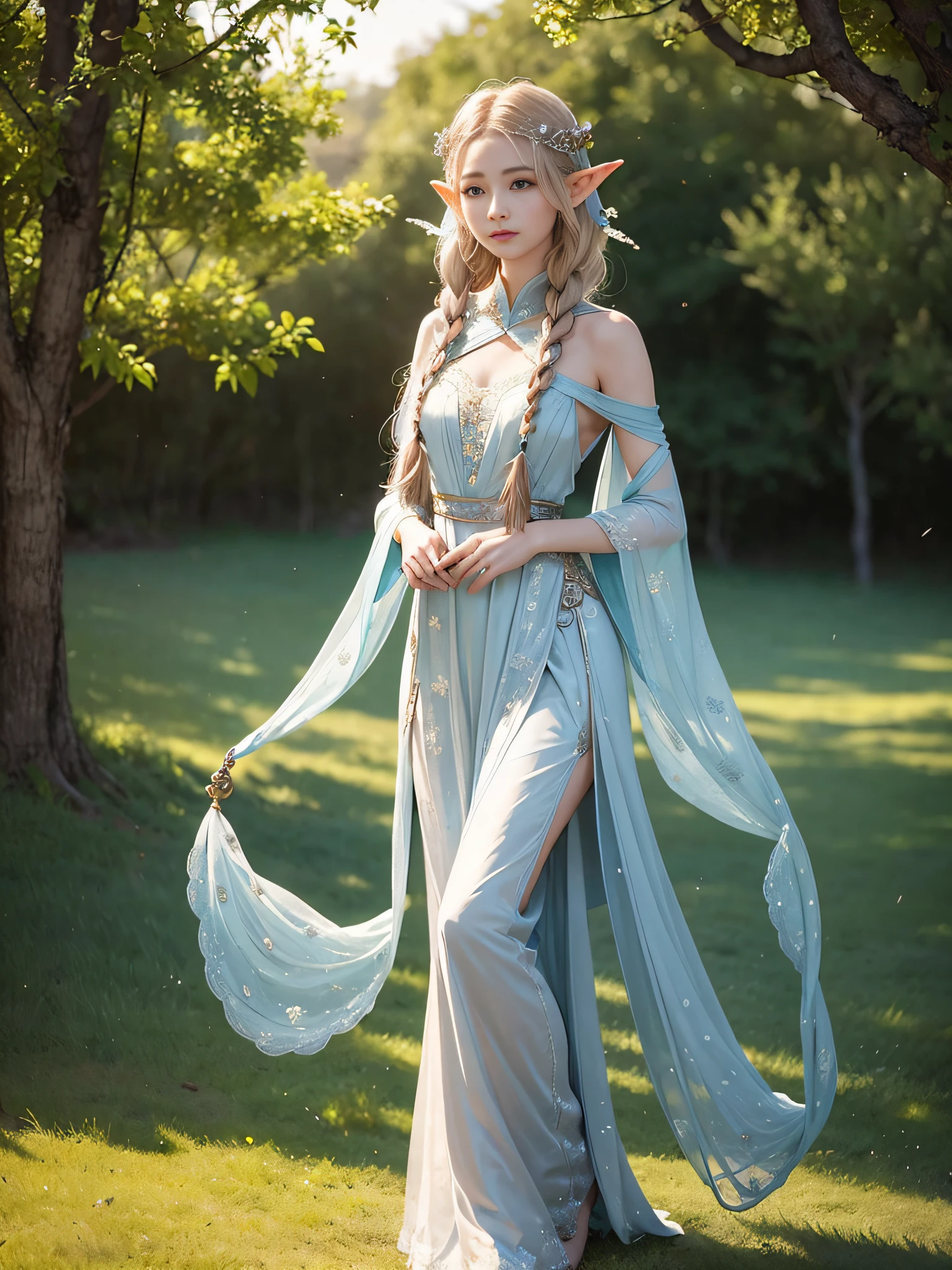 Graceful elven girl standing in meadow, Delicate face illuminated by the soft light of the setting sun. Her long, Flowing hair runs down your back, Decorated with intricate braids、Adorned with sparkling gemstones. This great photo is、、、It captures the ethereal beauty of elves. Slender figure in silk dress、Swaying in the soft steppe breeze. Attention to detail、Face that is、Face that is、Face that is、Face that is、It is evident in the intricate patterns of the dress and the subtle highlights of the luminescence. skin. The breathtaking portrayal of the elven girl is、、、、、Create an enchanting atmosphere、It invites the viewer to a magical world.