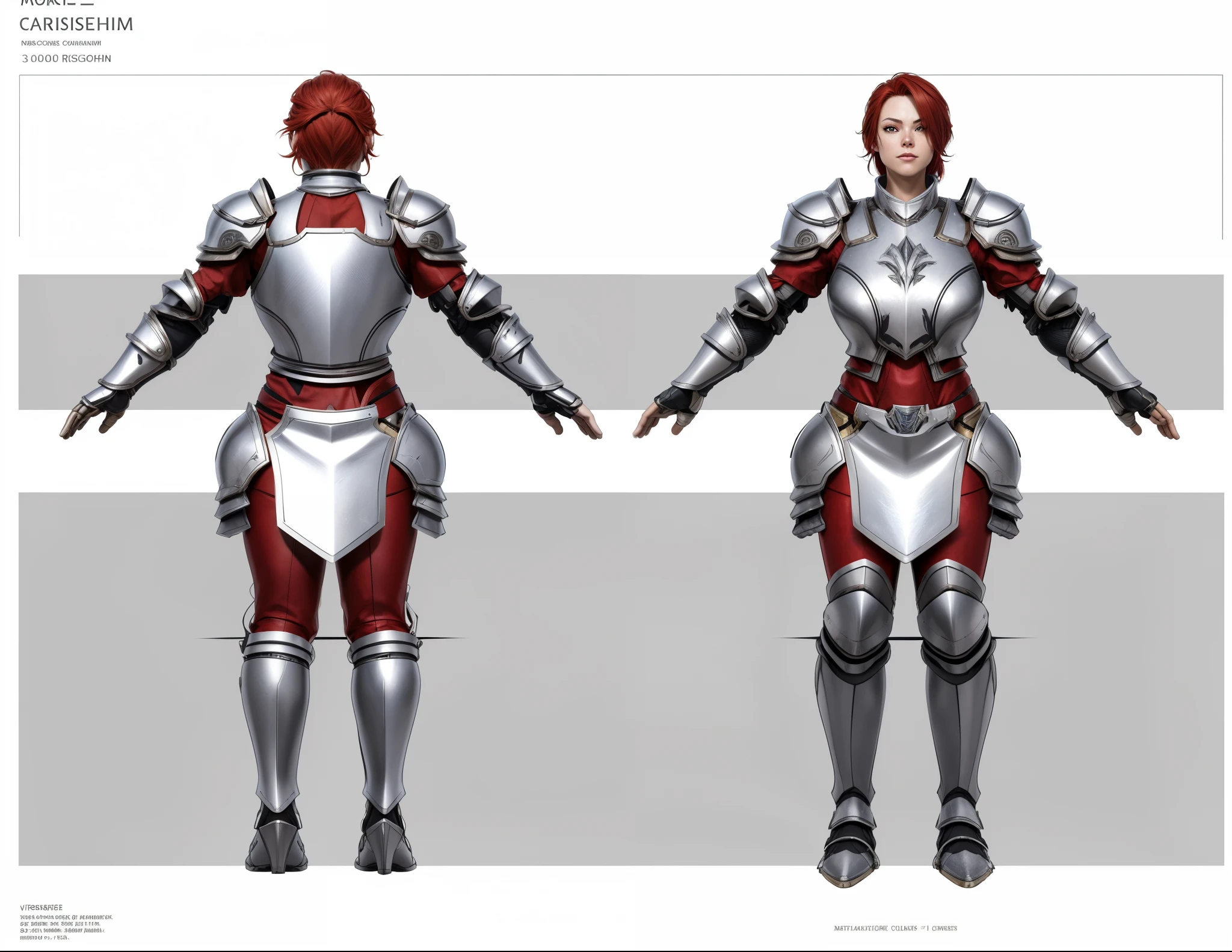 (masterpiece:1.1),(highest quality:1.1),(HDR:1),extreme quality, a close up of a person in armor with red hair, full body character concept, full body concept, detailed full body concept art, concept armor, detailed full body concept, full body concept art, valkyrie style character, game character design, concept character, full body character concept art, 3 d character reference sheet, female mecha, video game character concept, detailed character design, character sheet, character model sheet turnaround , front and back, front and back, Paladin wearing Silver Chain Armor with Moonlit Edges, black pants inside, red loincloth