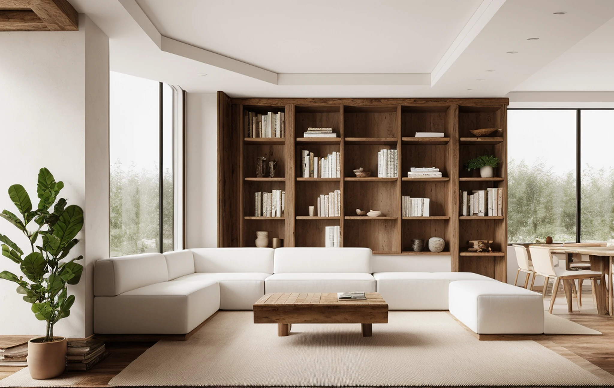 wabi sabi livingroom interior, large glass window, garden outside, dinning table and chair, couch, rough-hewn wood coffee table, sunlighting,neutral lighting, low contrast, potted plant, picture frame, bookshelf, books, drape, white color scheme