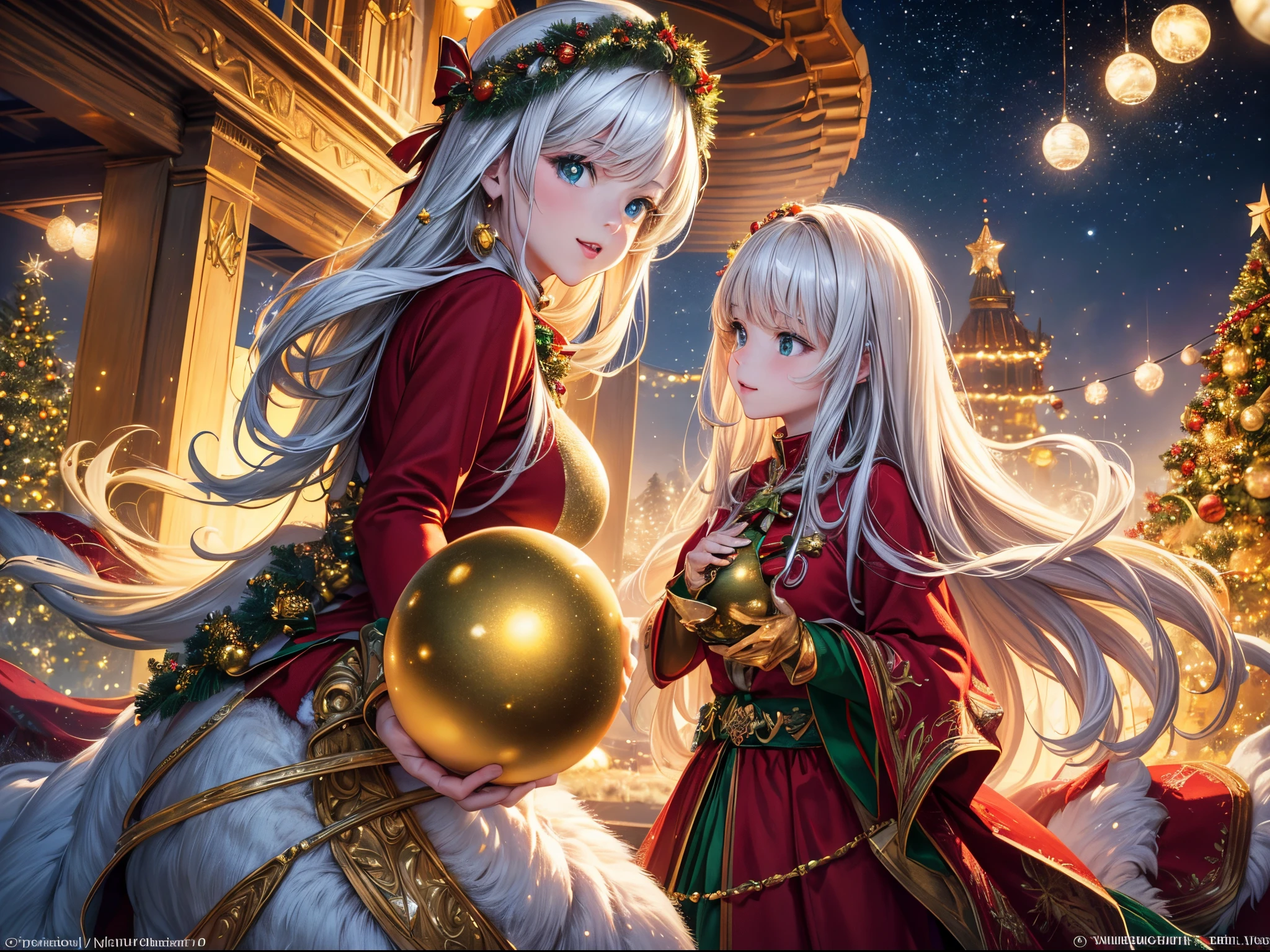 (best quality,4k,8k,highres,masterpiece:1.2),ultra-detailed,(realistic,photorealistic,photo-realistic:1.37), Earth-like planets hatching from golden, silver, and jewel-covered eggs arranged in mesmerizing fractal patterns. Multiple dimensions await as the eggs crack open, revealing stunning landscapes and ethereal beauty. Each planet adorned with Christmas-themed wonders, sparkling with holiday cheer. Warm, inviting lights illuminate the scene, casting a magical glow on the surroundings. Vibrant colors of red, green, and gold dominate the palette, creating a festive atmosphere. An extraordinary fusion of fantasy and Christmas magic, this artwork stands as a masterpiece, capturing the imagination and spreading Christmas joy through its every detail.