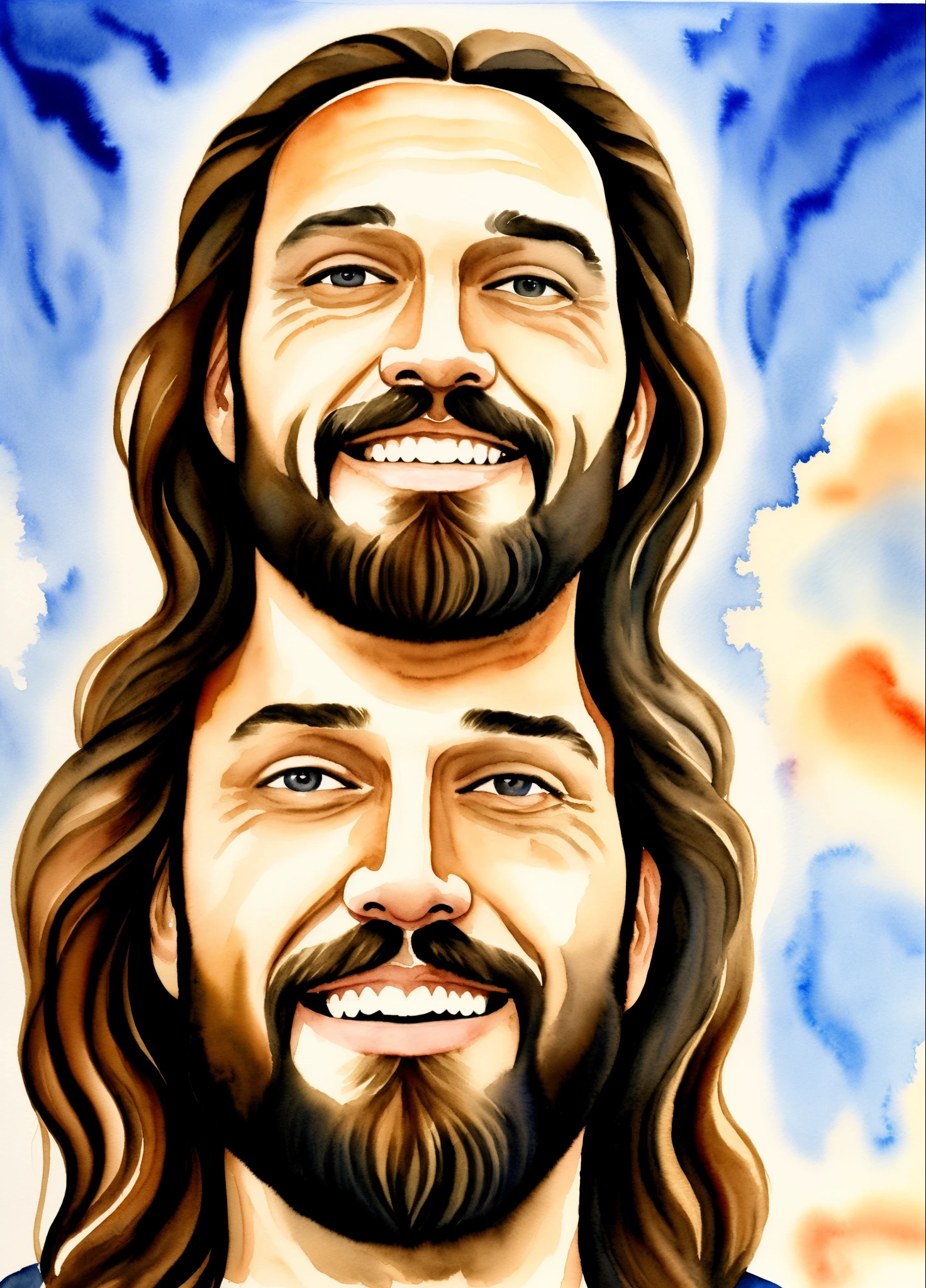 Smiling Jesus with heavenly background, watercolor