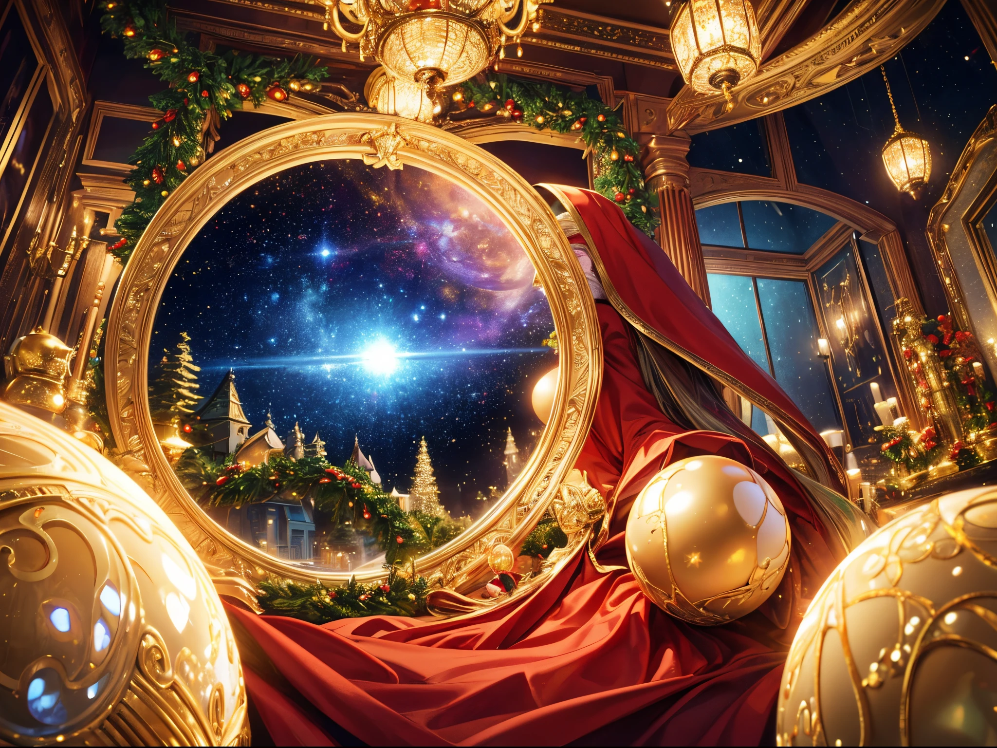 (best quality,4k,8k,highres,masterpiece:1.2),ultra-detailed,(realistic,photorealistic,photo-realistic:1.37), Earth-like planets hatching from golden, silver, and jewel-covered eggs arranged in mesmerizing fractal patterns. Multiple dimensions await as the eggs crack open, revealing stunning landscapes and ethereal beauty. Each planet adorned with Christmas-themed wonders, sparkling with holiday cheer. Warm, inviting lights illuminate the scene, casting a magical glow on the surroundings. Vibrant colors of red, green, and gold dominate the palette, creating a festive atmosphere. An extraordinary fusion of fantasy and Christmas magic, this artwork stands as a masterpiece, capturing the imagination and spreading Christmas joy through its every detail.
