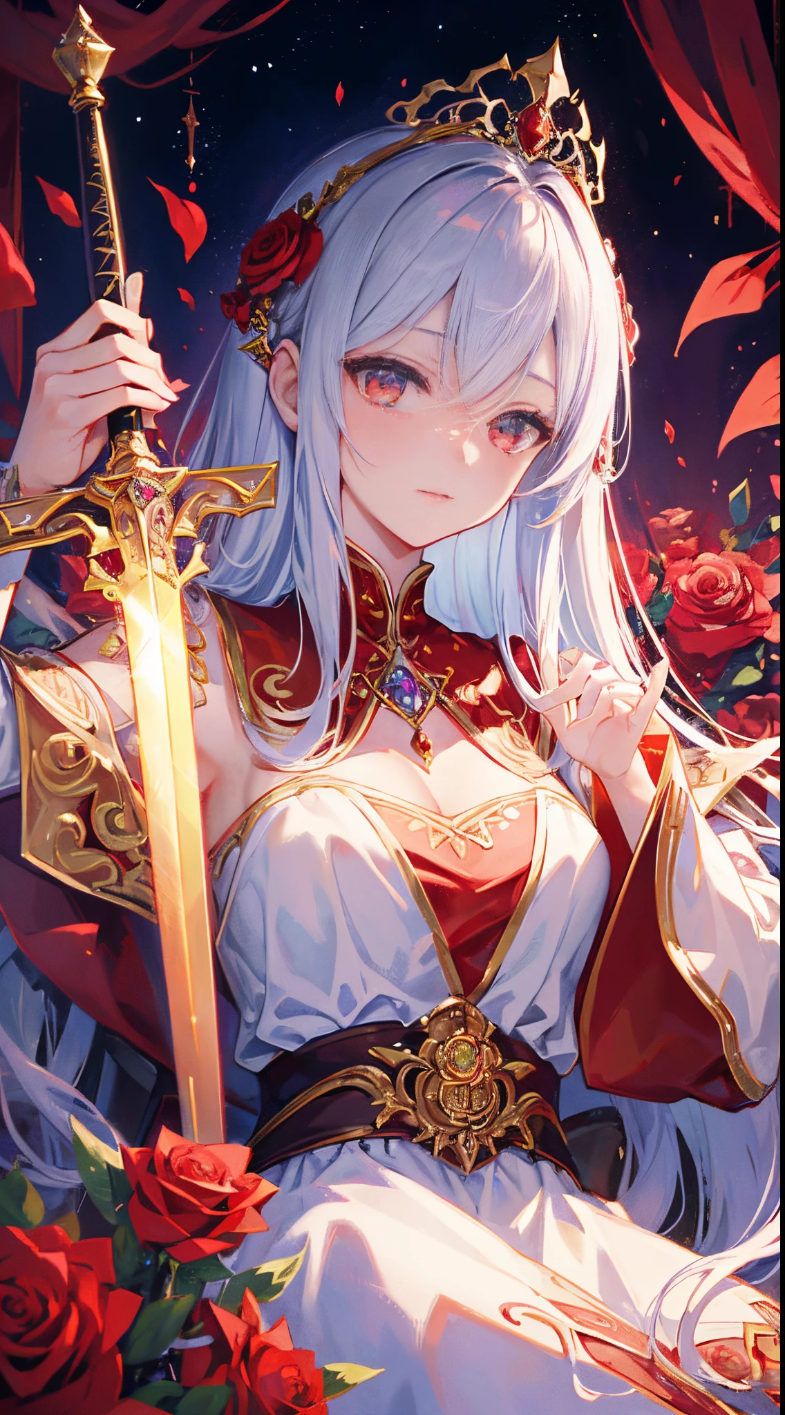 fantastical light、animesque、illustratio、ultra-definition、A detailed eye、Ultra-Detailed Facial、Red rose flowers、Wearing a tiara、With long silver hair、Crimson eyes、A Princess、doress、A queen、has a golden sword、opulent、Beautiful fece、Luxurious decoration、jewel decorations、