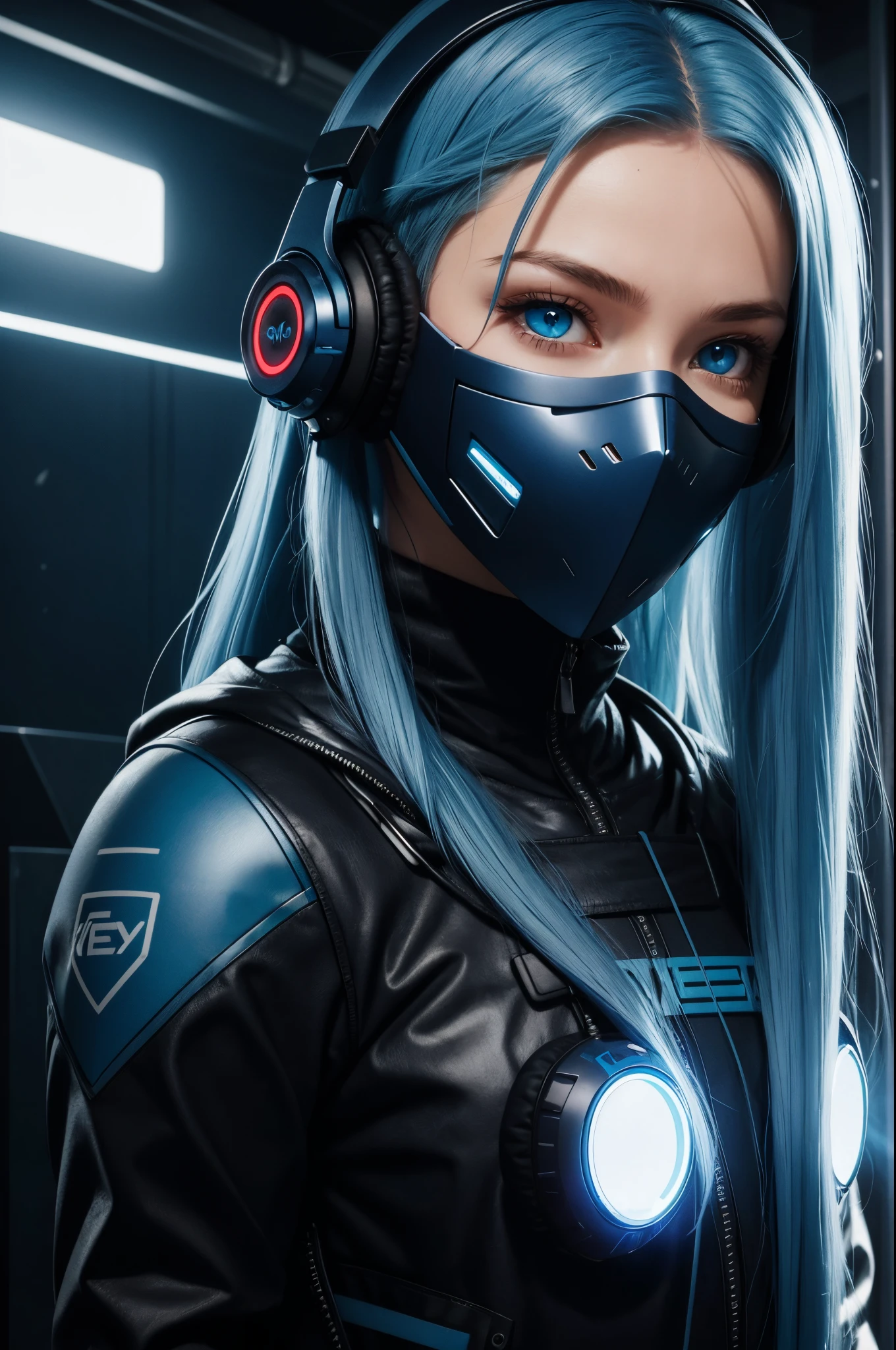 girl with long blue hair, blue eyes, futuristic vibes, mask on mouth, headphones, 8k, high quality, simple background, glowing eyes, nice pose