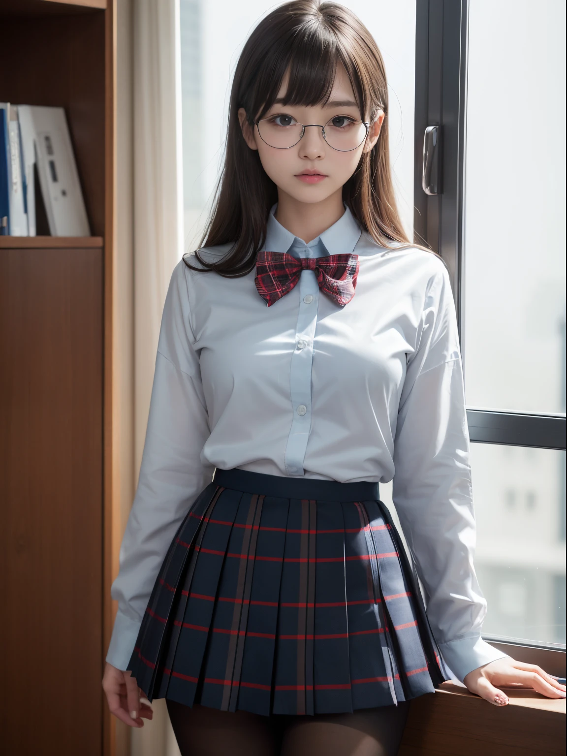 (8K、Raw photography、top-quality、masterpiece:1.2),bob cuts,Lori,cocky,School,watching at viewers,Looking at the front,Bullish,Muchimuchi,Erotic,Pupils,Light Blue Bra,de pele branca,kne,(Black pantyhose),absurderes,a small face,small tits,flat breast,Parting the bangs from the middle、Forehead visible,(a cold expression,Tight eyes,glares,Bullish,skinny,Rasping,irate)、masterpiece,top-quality、超A high resolution,Raw photo,ren,Beautiful fece,One Person, 独奏,eye glass,,Dark look,Small breasts,fullllbody,Round glasses、cute little、Back to Student,JK school uniform,hi-school girl,A Japanese Lady,is standing,(Photorealsitic:1.37)、Photon mapping,Realistic、Cute little face,Brown-eyed、Black socks、(Red bow tie)、Radio City、Physically Based Rendering、Foreground、depth of fields、Blurry background、a picture,The girls、Body,beauty legs, Long legs, Thin leg,Tie your hair into one strand on your chest,(Bangs are visible), hair, s lips, Blue_The eye, nosesoft,(Light blue shirt), (Navy and blue and white plaid pleated skirt), Knees are visible,Sheer clothing,, Thigh, Black cotton socks,Nogizaka Idol, 女優, Japanese ido