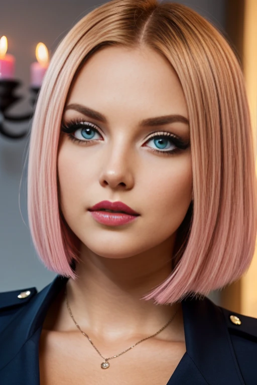 Petite 30 year old police woman with light strawberryblonde hair in a short undercut bob and striking blue eyes wearing eye liner, pink lips, in a police outfit, detailed face, cleavage, in candle light