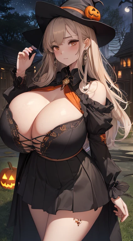 top-quality、Top image quality、masterpiece、s girl((18year old,Black Wizard Hat、Black and orange sexythes,Orange and black skirt、Orange muffler,Best Bust、Bust 85、a blond、Longhaire,silver eye、open chest wide、Valley、Happiness、A slender、Blood co、Emphasis on the chest、Bats tattoo、Gold Earrings、Beckoning motion))hiquality、Beautiful Art、Background with((natta、dark sky、Halloween at night、the bats、pumpkins,Nightmare、Halloween、in woods))、Depth(Beautiful black house),masutepiece、Elaborate design、visualart、high contract、The best lighting、highestdetailed, (large breasts:1.7)