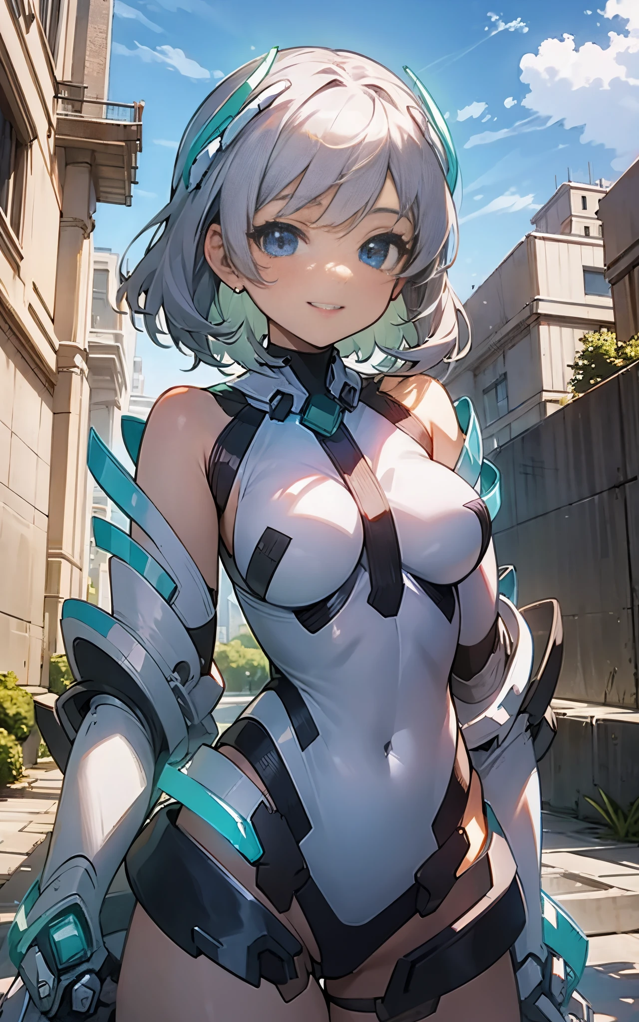 lightsmile, deva battle suit, Outdoors, Silver hair, bobhair, Blue eyes, waist shot