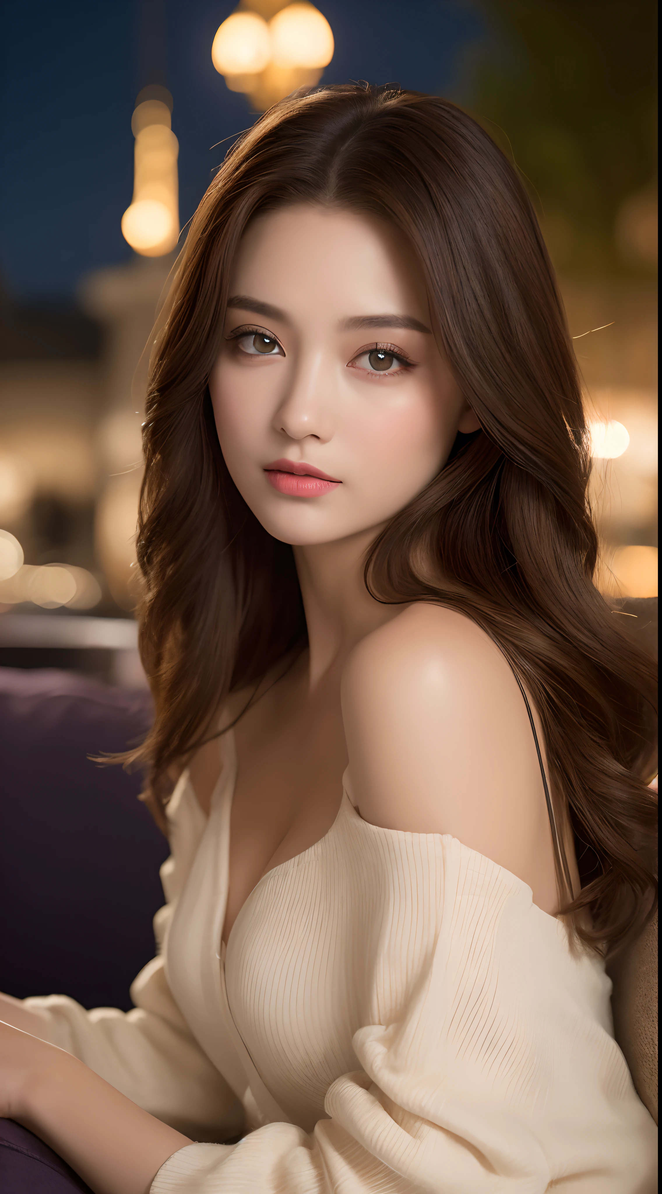 (on up to shirt length: 1.2), (White shirt wet by rain), (unbuttoned shirt: 1.1),  medium_breaep cleavage, bity, masterpiece, illustration, very delicate and beautiful, very detailed, CG, Unity, 8K wallpapers, amazing, fine detail, highly detailed CG Unity 8K wallpapers, huge file size, very detailed, high resolution, handsome detailed woman, very detailed eyes and face,  Stunning detailed eyes, light on the body, (Best illustration: 1.1), (best shadow: 1.1), ultra high resolution, (photorealistic: 1.1), (photorealistic 1.2:1.1), realistic face proportions, slim, smile, (makeup: 0.4), (fluffy black eyes: 1.21), black eyes, looking away, silk brown hair, wavy hair, earrings, necklaces, hairpins, cowboy shots, (irregular irregular skin imperfections, veins, skin wrinkles pores: 1.2), (dark night background: 1.2), (bokeh: 1.4),